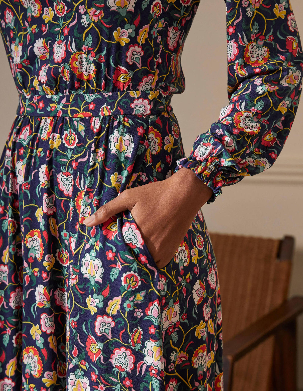 Evelyn Jersey Midi Dress-French Navy, Opulent Floral - Image 2