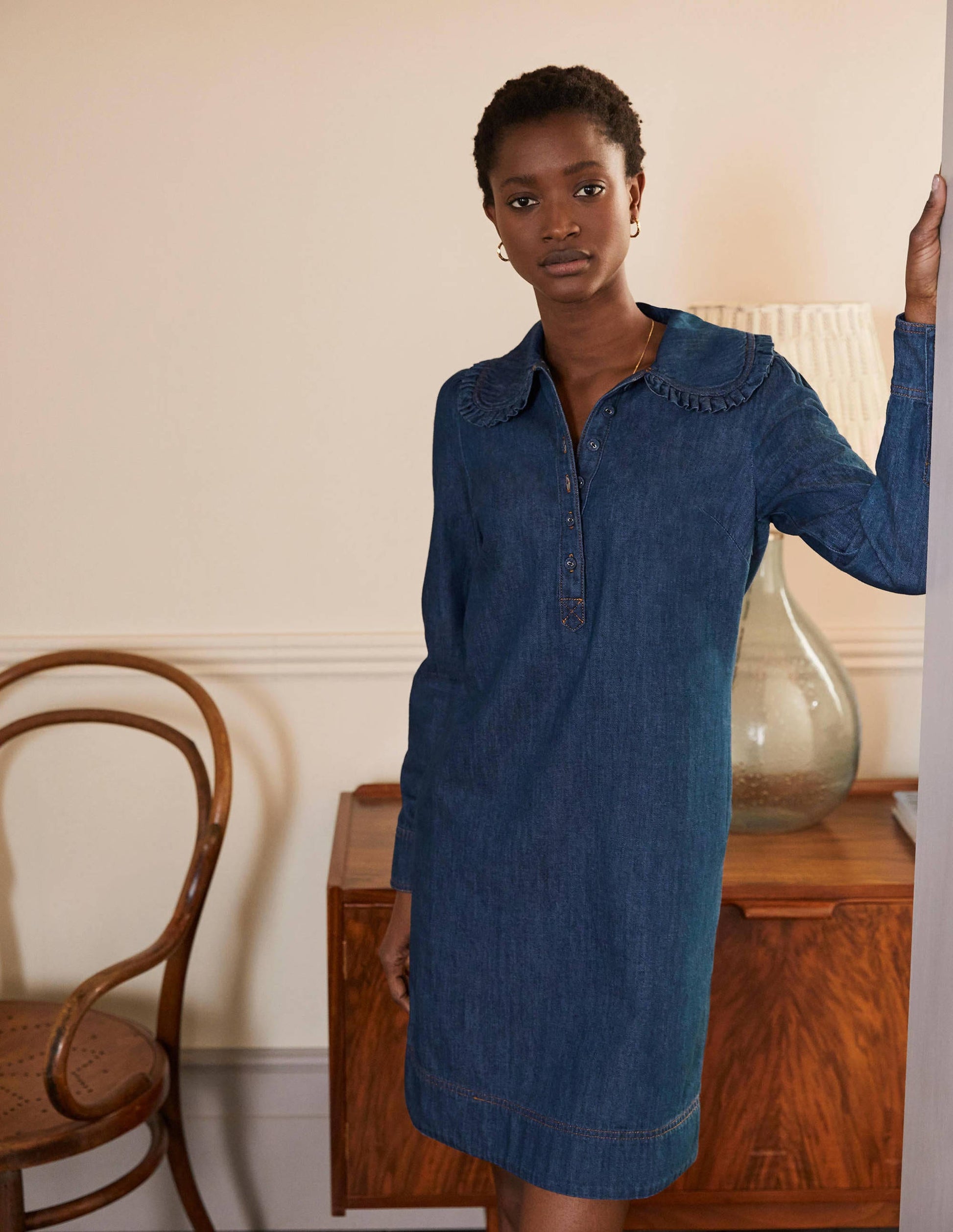 Statement Collar Denim Dress-Mid Vintage Denim-1