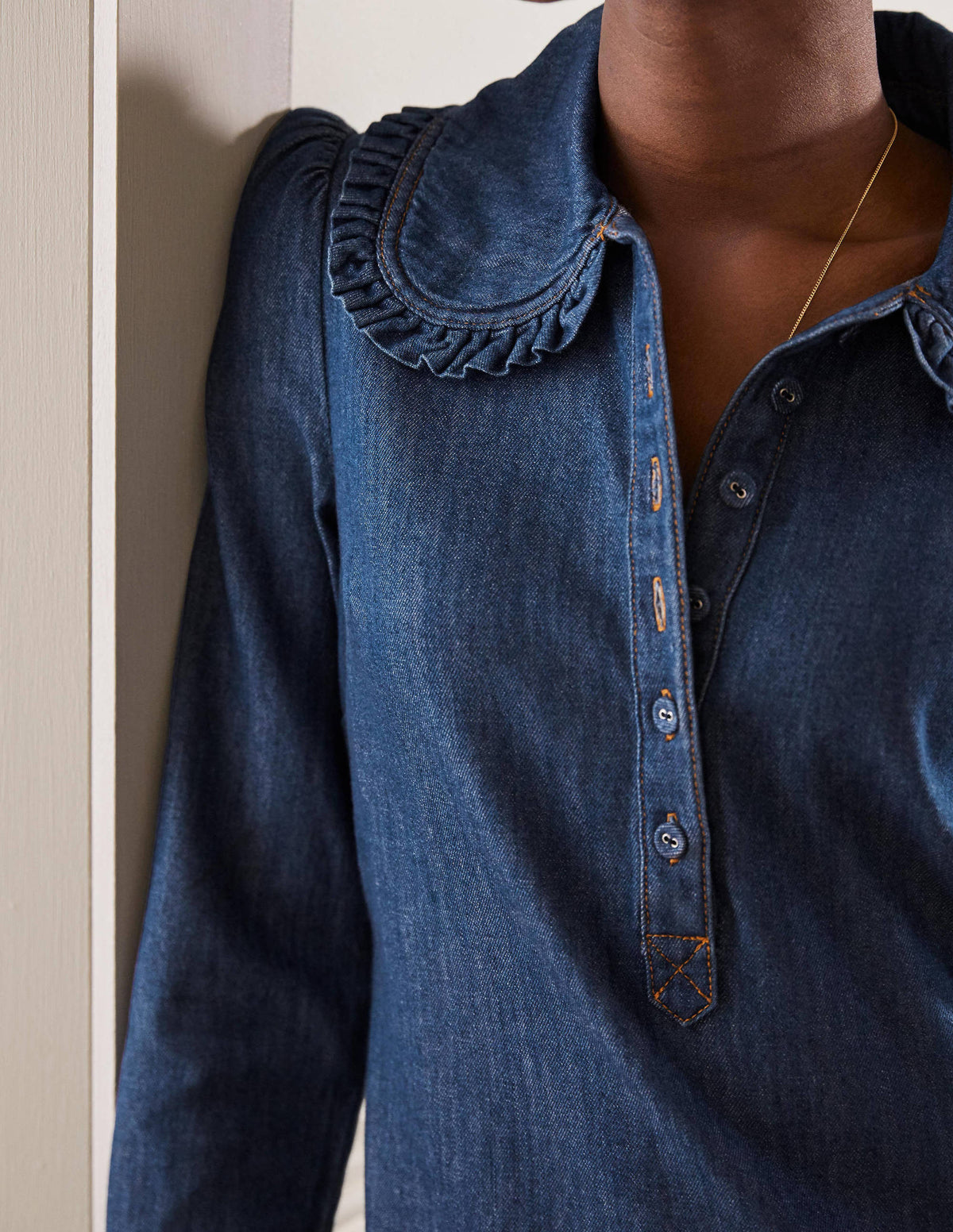 Statement Collar Denim Dress-Mid Vintage Denim-2