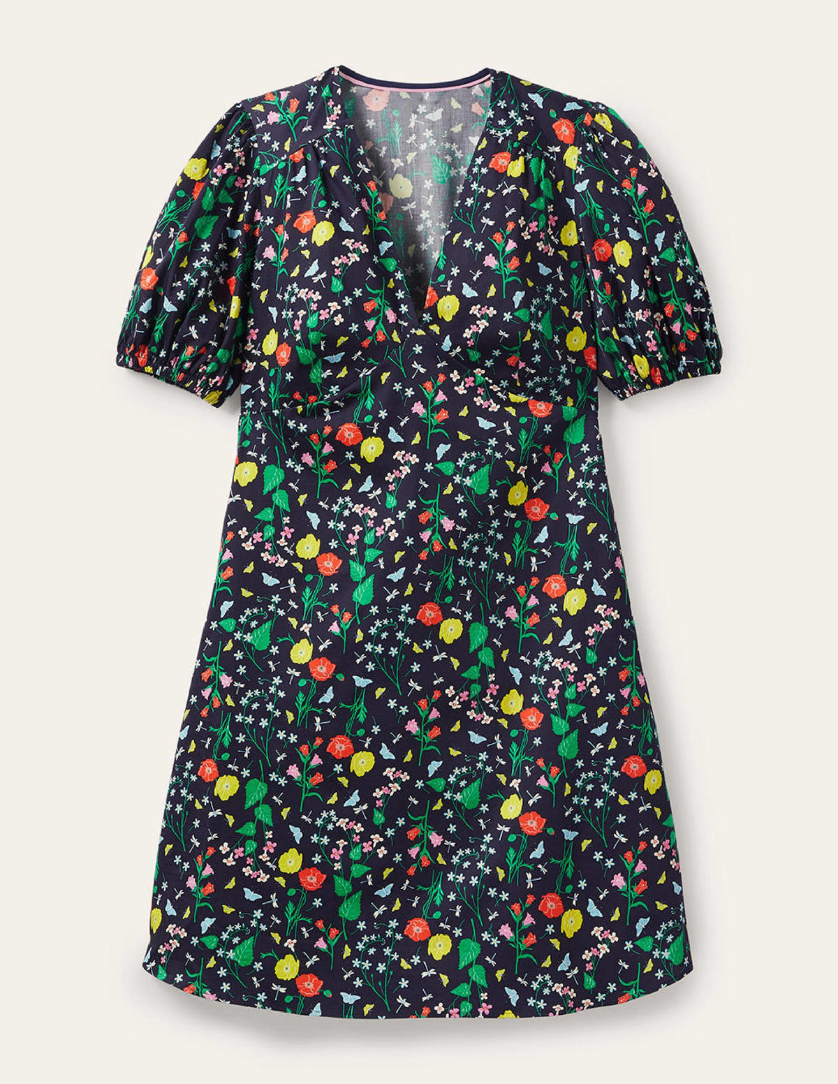 Puff Sleeve Cotton Tea Dress-French Navy, Butterfly Garden - Image 5