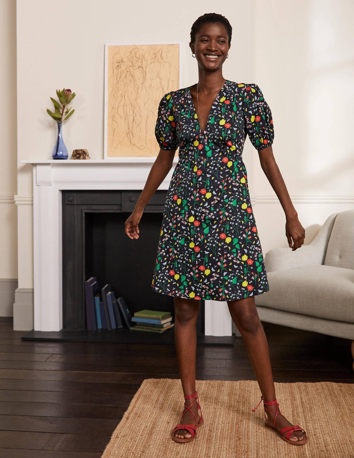 Puff Sleeve Cotton Tea Dress-French Navy, Butterfly Garden - Image 1
