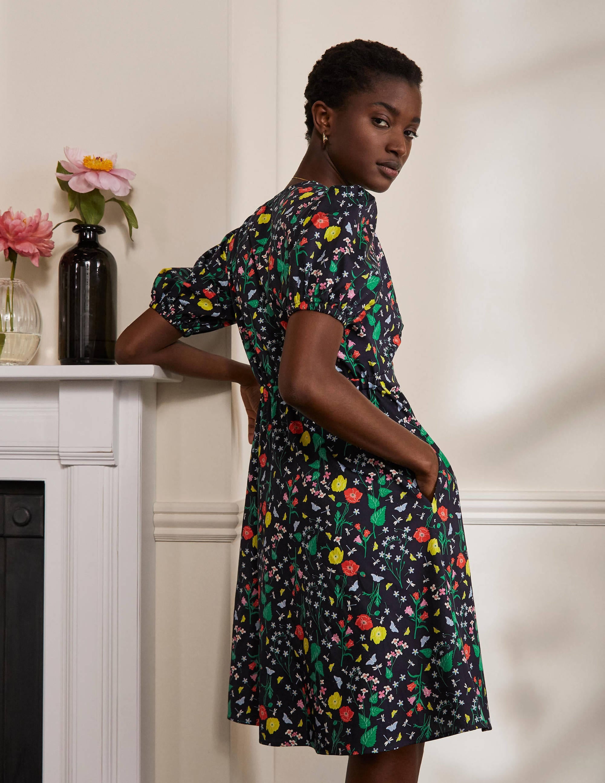 Puff Sleeve Cotton Tea Dress-French Navy, Butterfly Garden - Image 3
