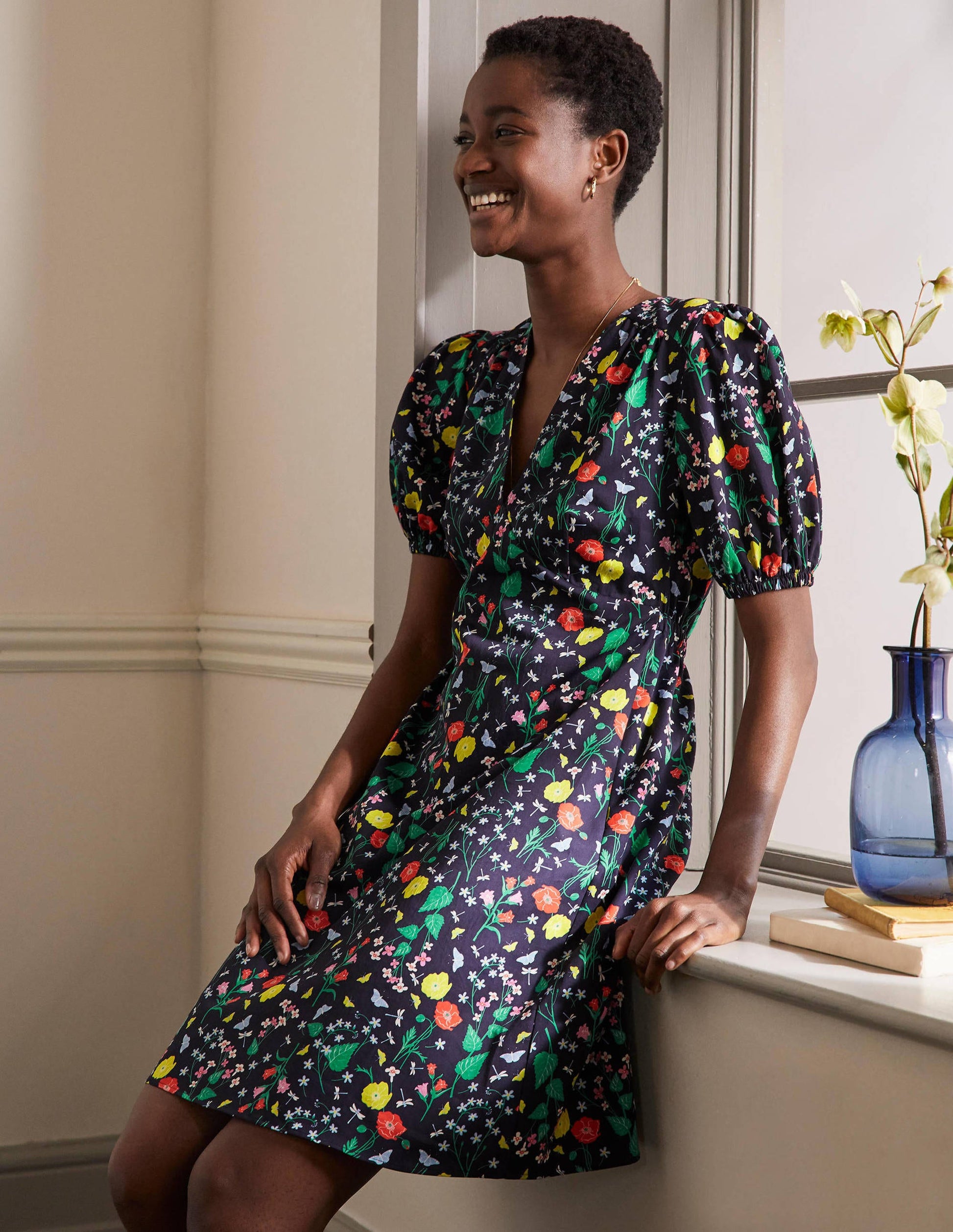 Puff Sleeve Cotton Tea Dress-French Navy, Butterfly Garden-4