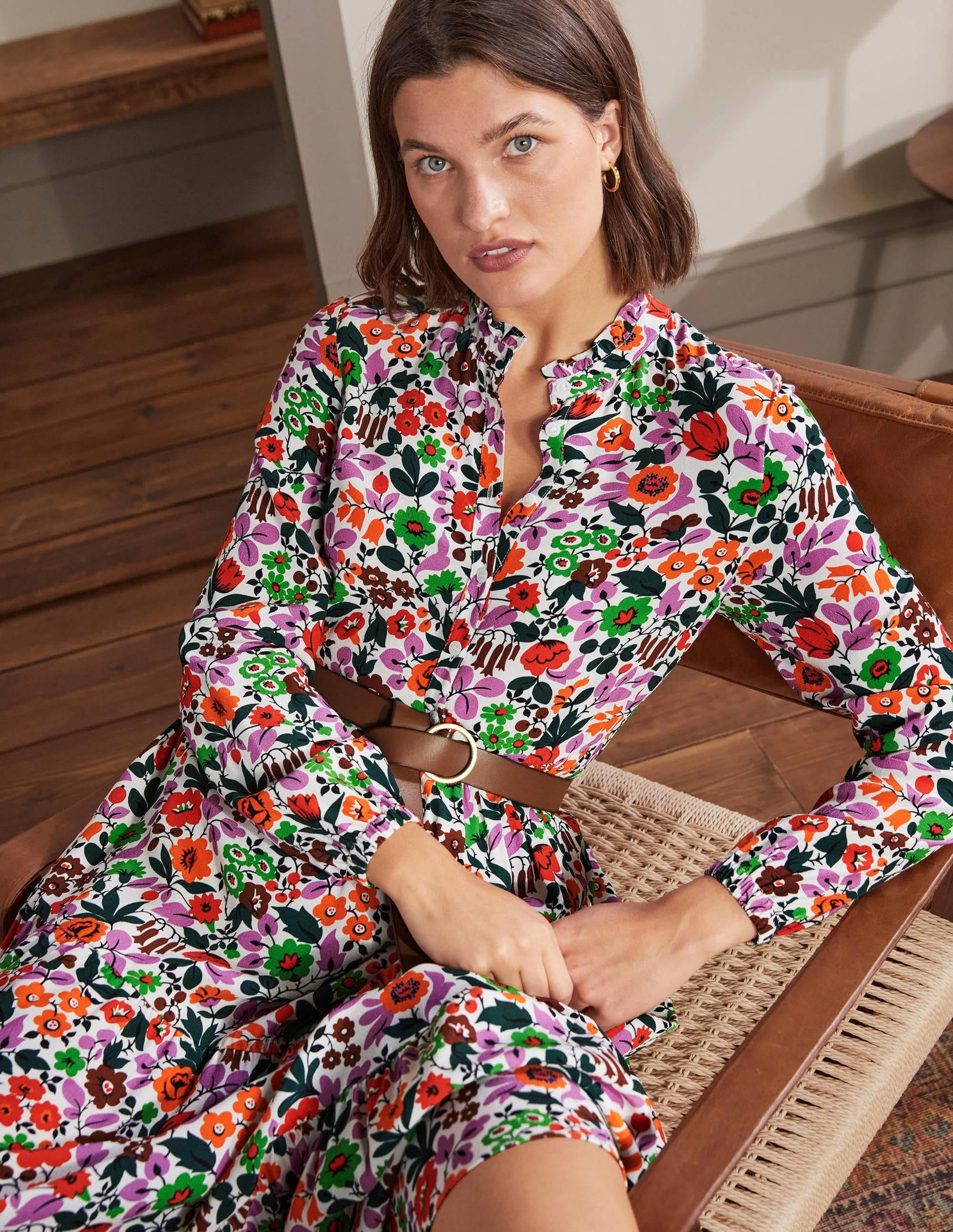 Tiered Maxi Shirt Dress-Ivory, Floral Forest - Image 1