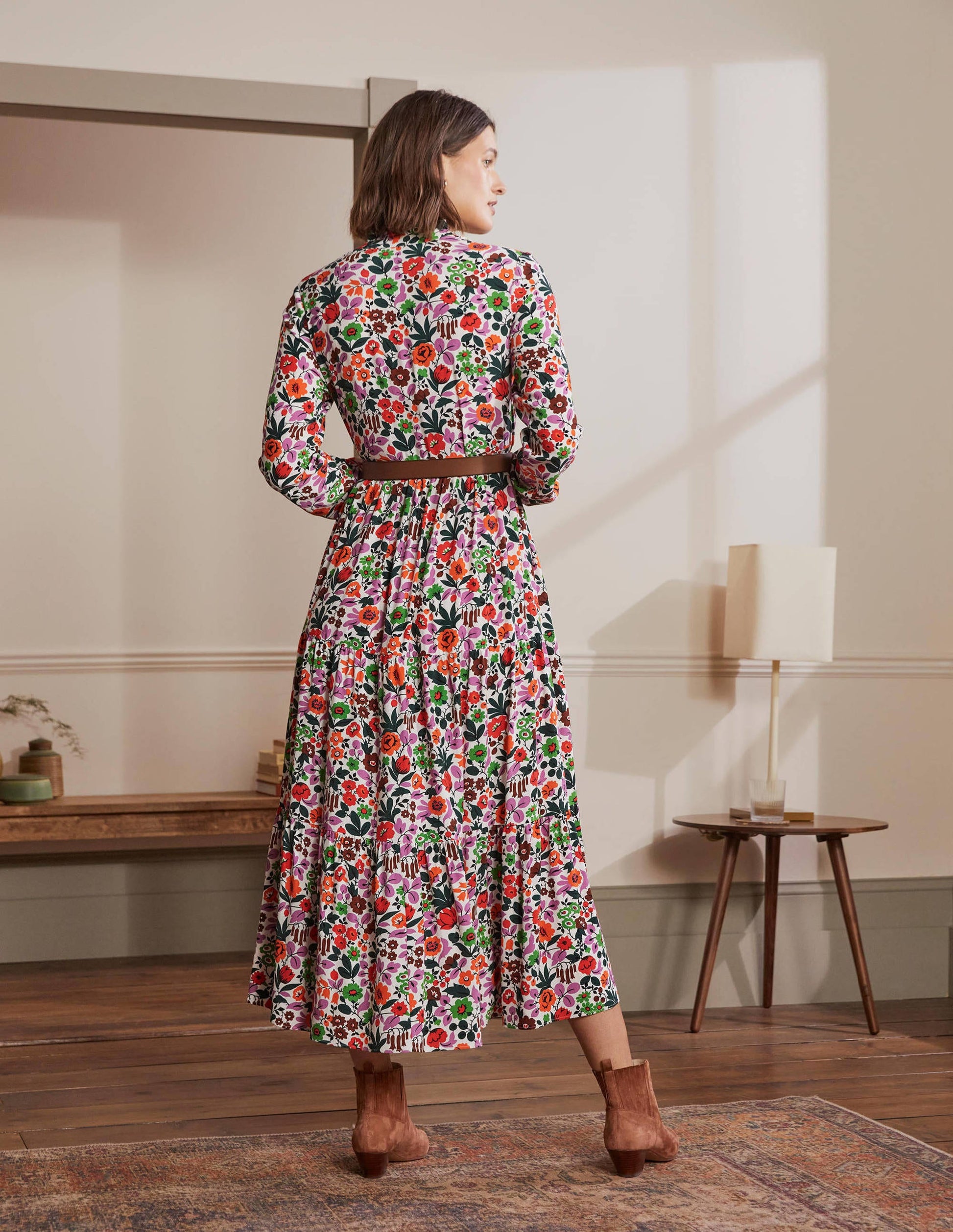 Tiered Maxi Shirt Dress-Ivory, Floral Forest-3