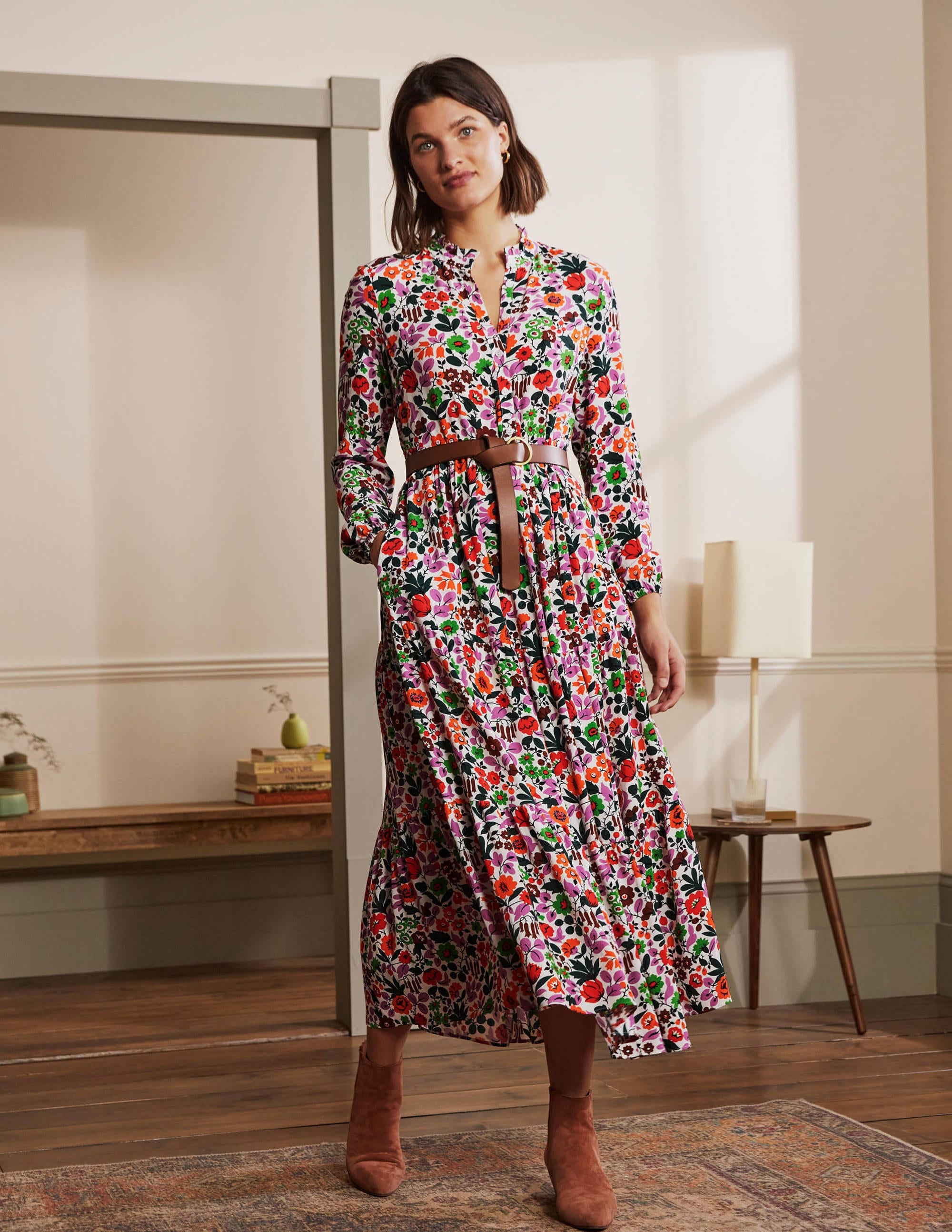 Tiered Maxi Shirt Dress-Ivory, Floral Forest - Image 4