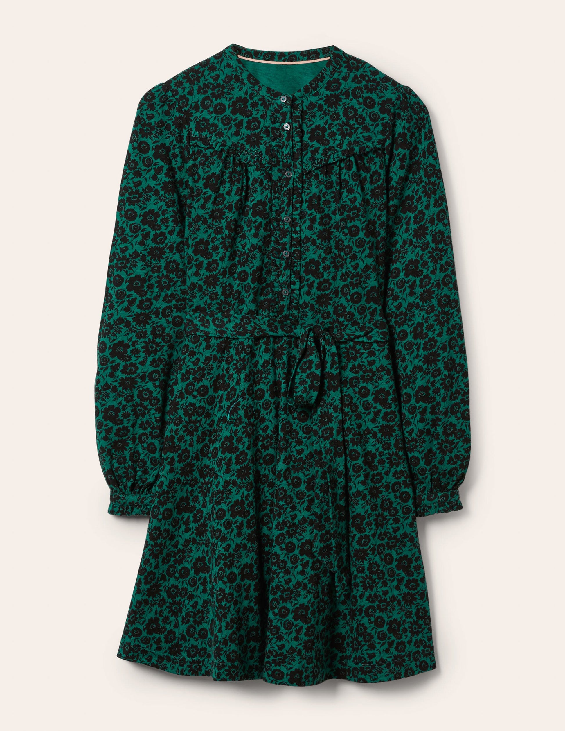 Ruffle Button Mini Dress-Deep Forest, Elegant Bloom-5