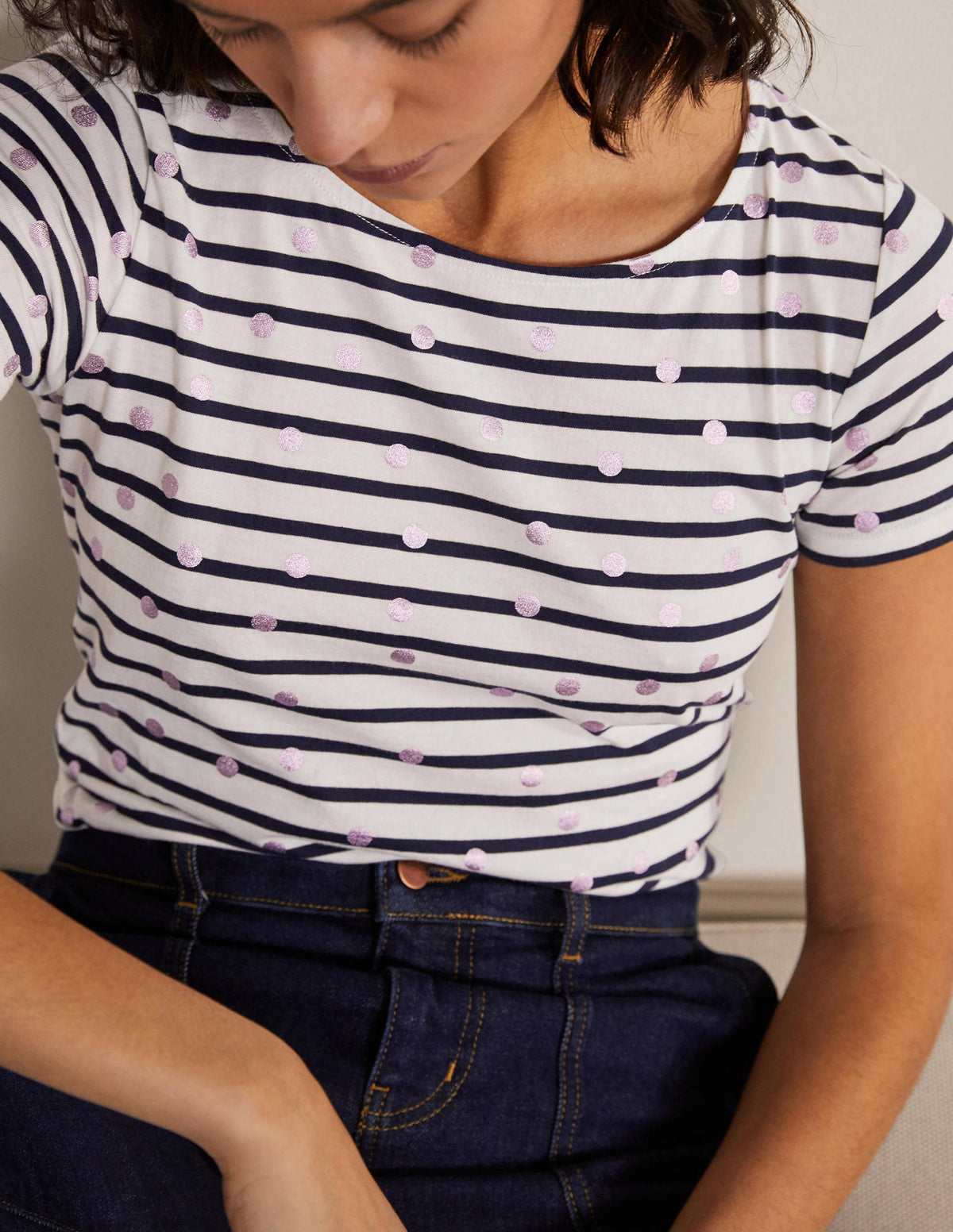 Short Sleeve Breton T-Shirt-Pink Foil Spot-4