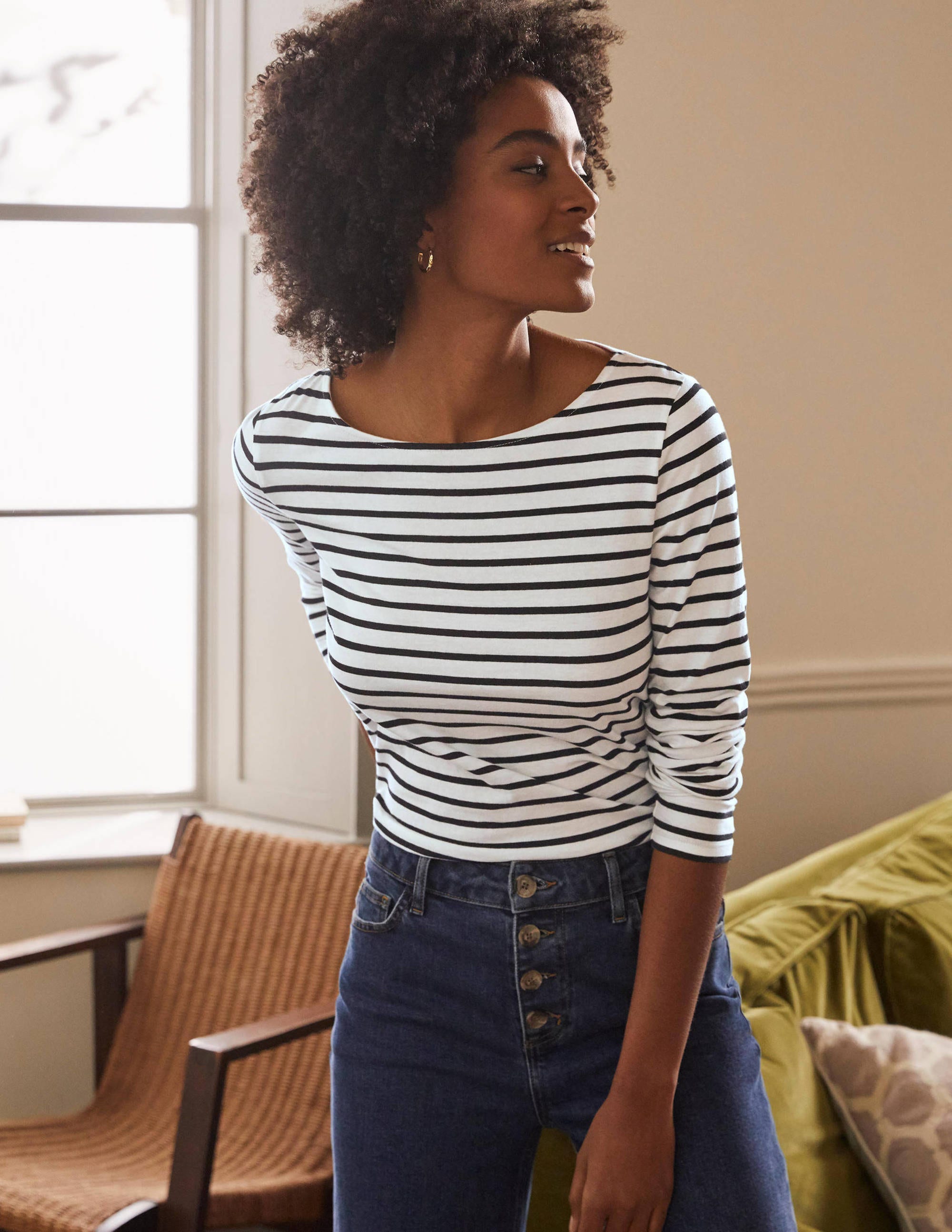 Long Sleeve Breton Top-Ivory / Black Stripe - Image 1