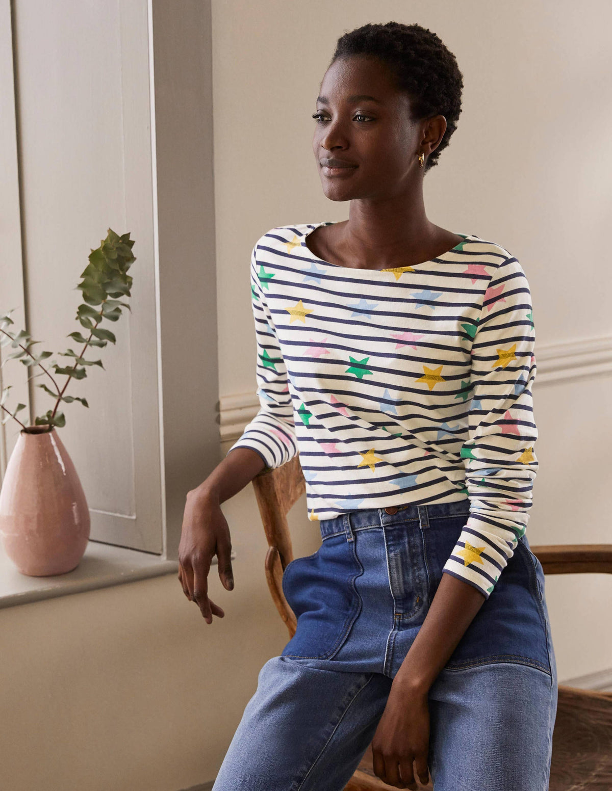 Long Sleeve Breton Top-Ivory/ Navy, Multi Star - Image 1