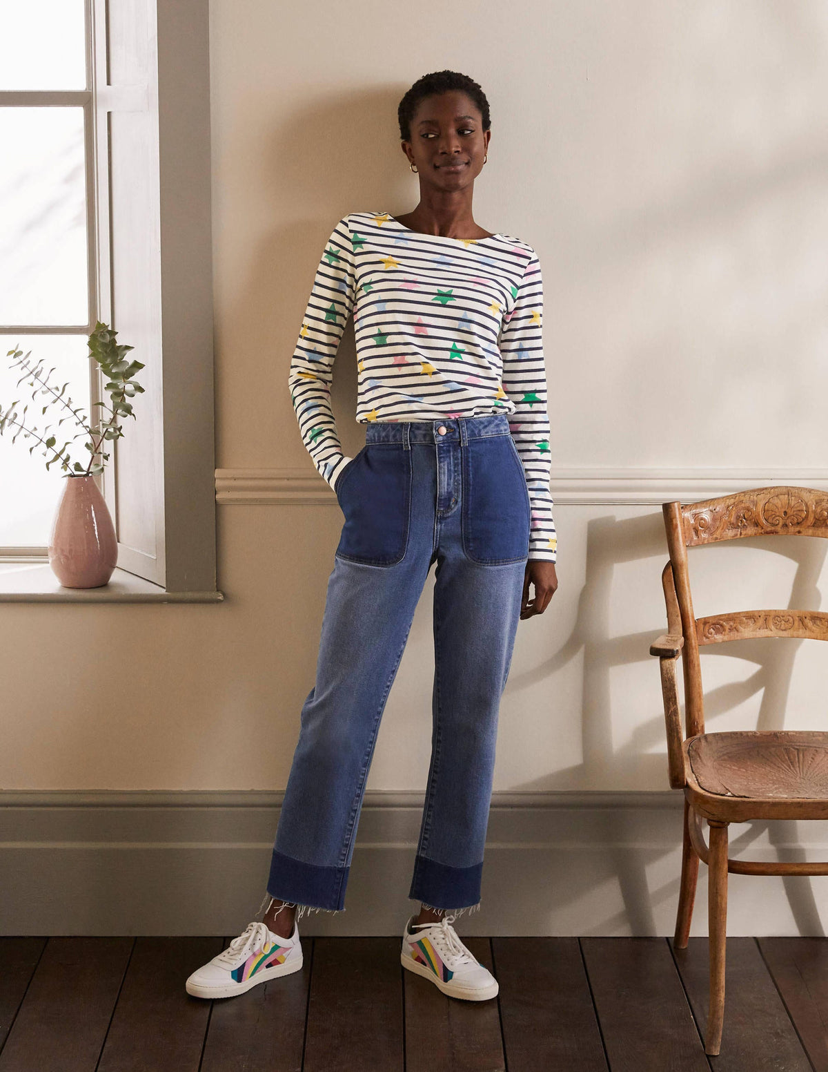 Long Sleeve Breton Top-Ivory/ Navy, Multi Star - Image 4