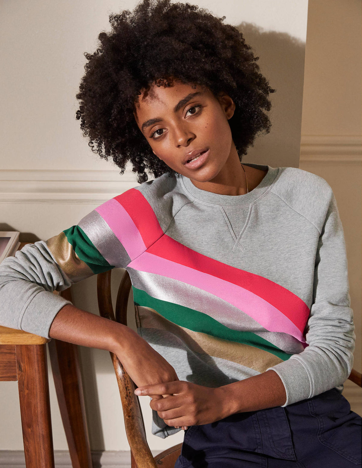 Printed Cotton Sweatshirt-Grey Marl, Rainbow Placement - Image 1