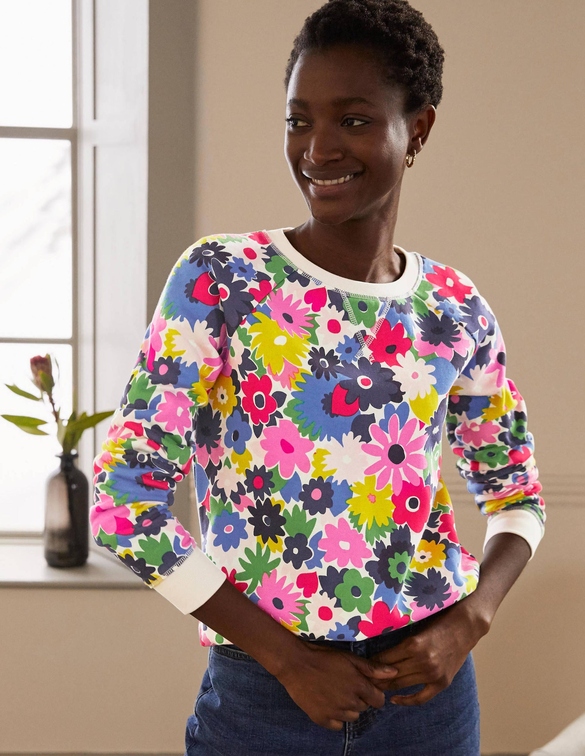 Printed Cotton Sweatshirt-Ivory, Paintbox Ditsy-1