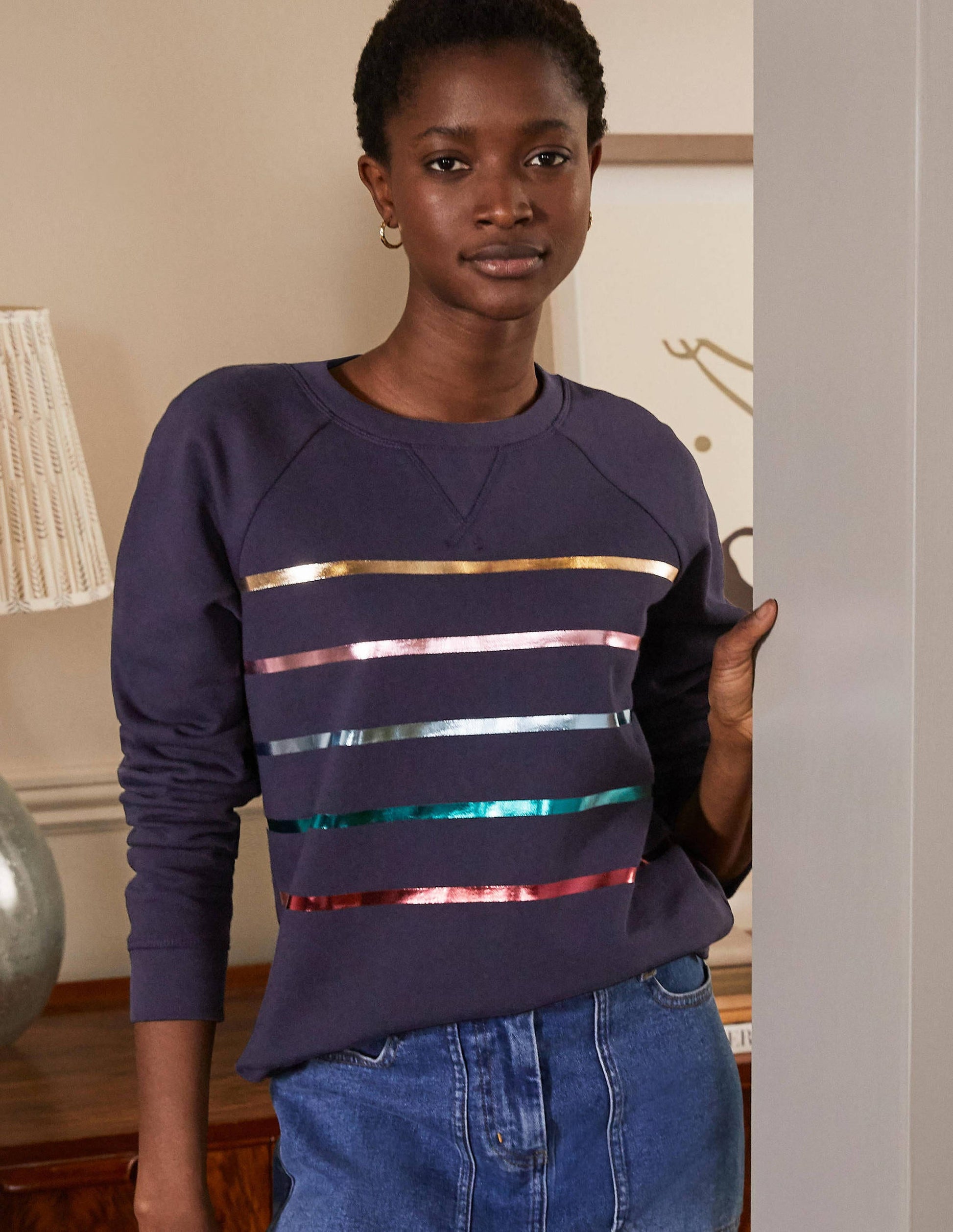 Printed Cotton Sweatshirt-Navy, Multi Foil Stripe-1