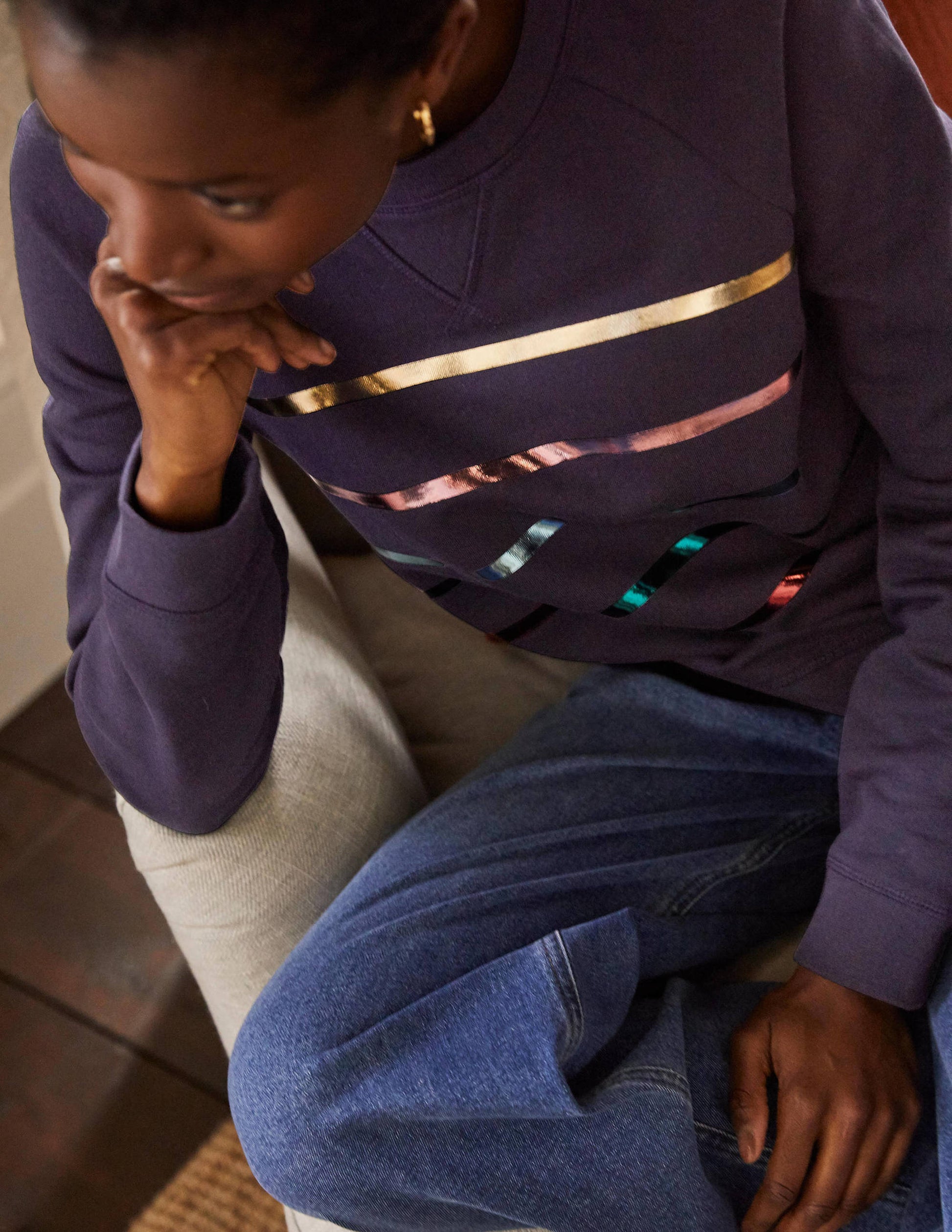 Printed Cotton Sweatshirt-Navy, Multi Foil Stripe-2