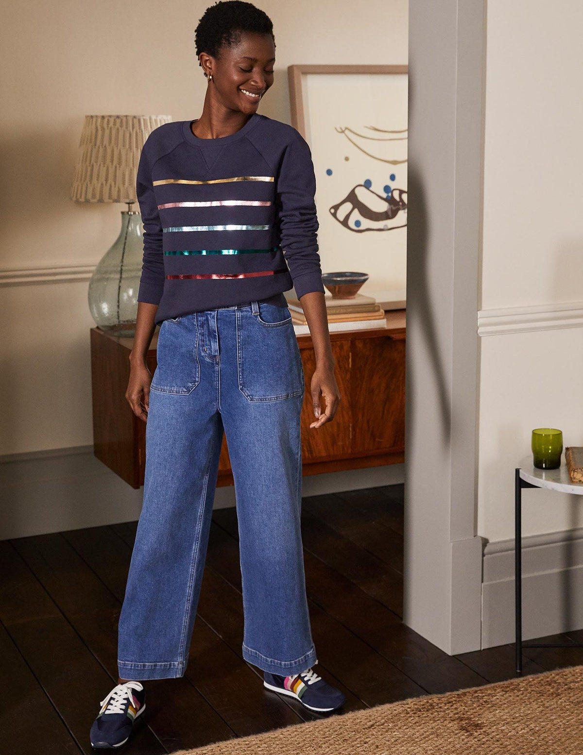 Printed Cotton Sweatshirt-Navy, Multi Foil Stripe-4