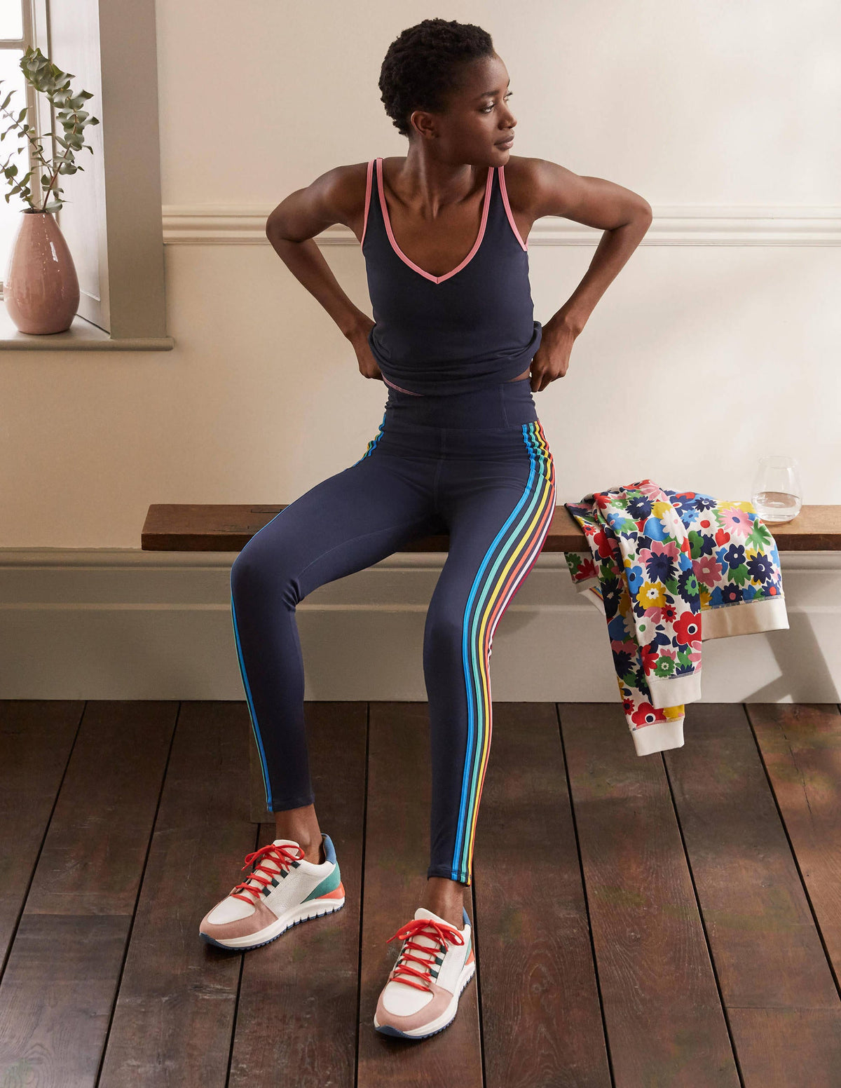 High Waisted Leggings-Navy, Multi Side Stripe - Image 1