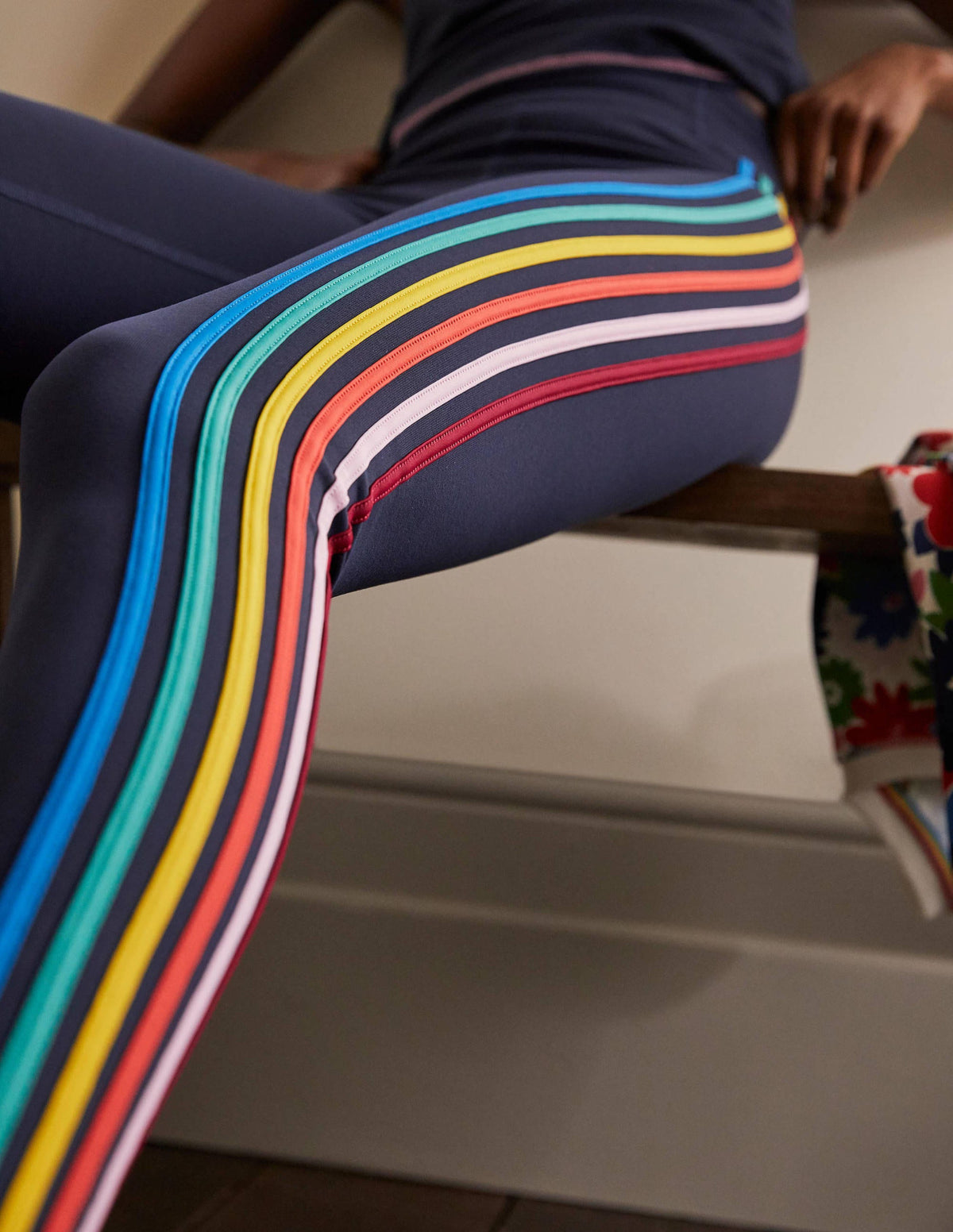 High Waisted Leggings-Navy, Multi Side Stripe - Image 2