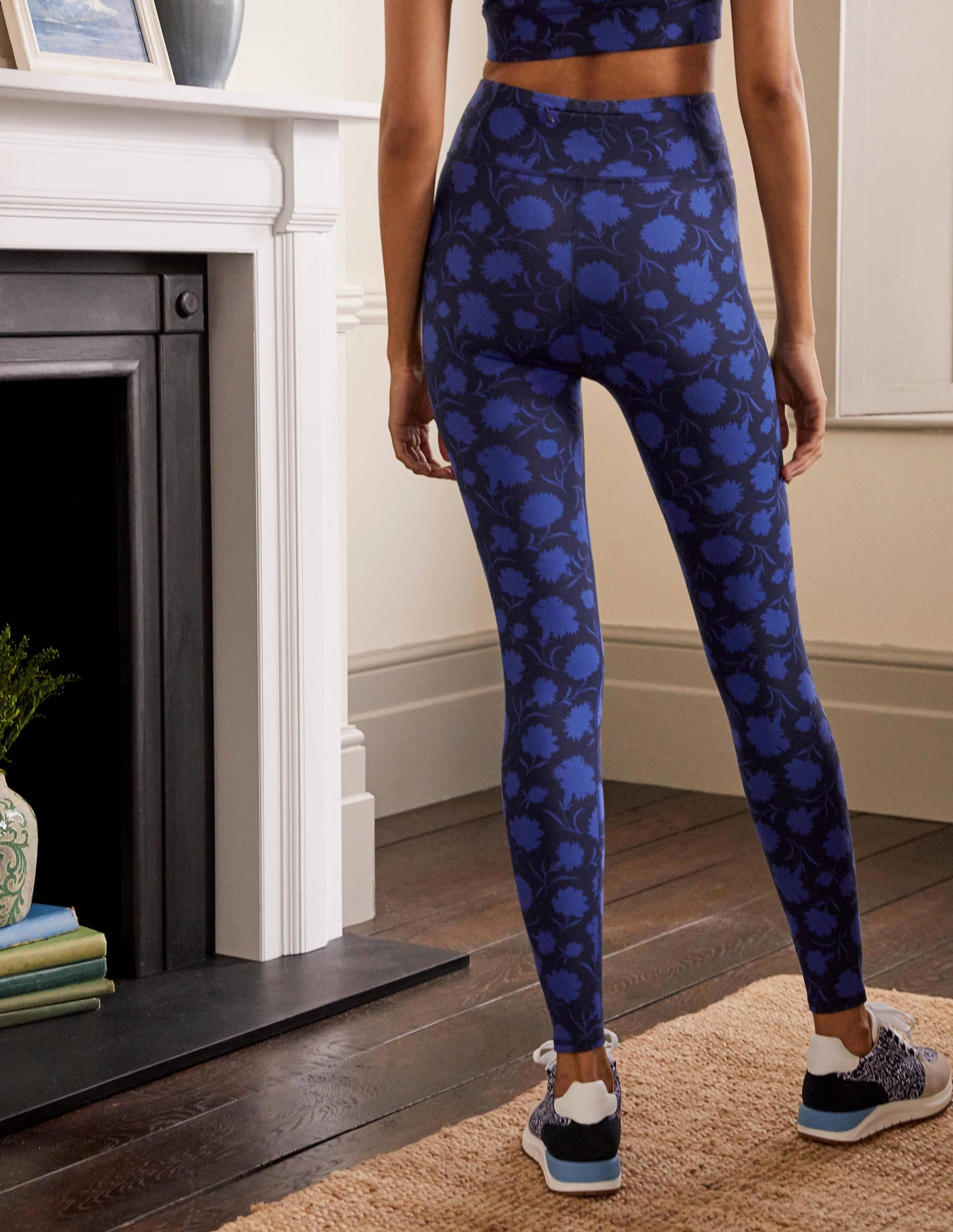 High Waisted Leggings-Persian Blue, Leafy Bud-3