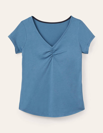 Supersoft Ruched V-neck Tee-Azure-5