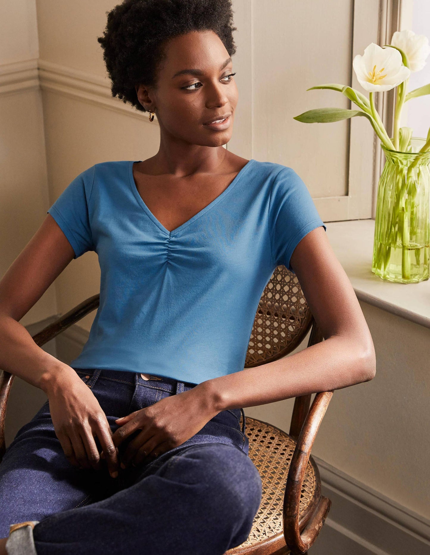 Supersoft Ruched V-neck Tee-Azure