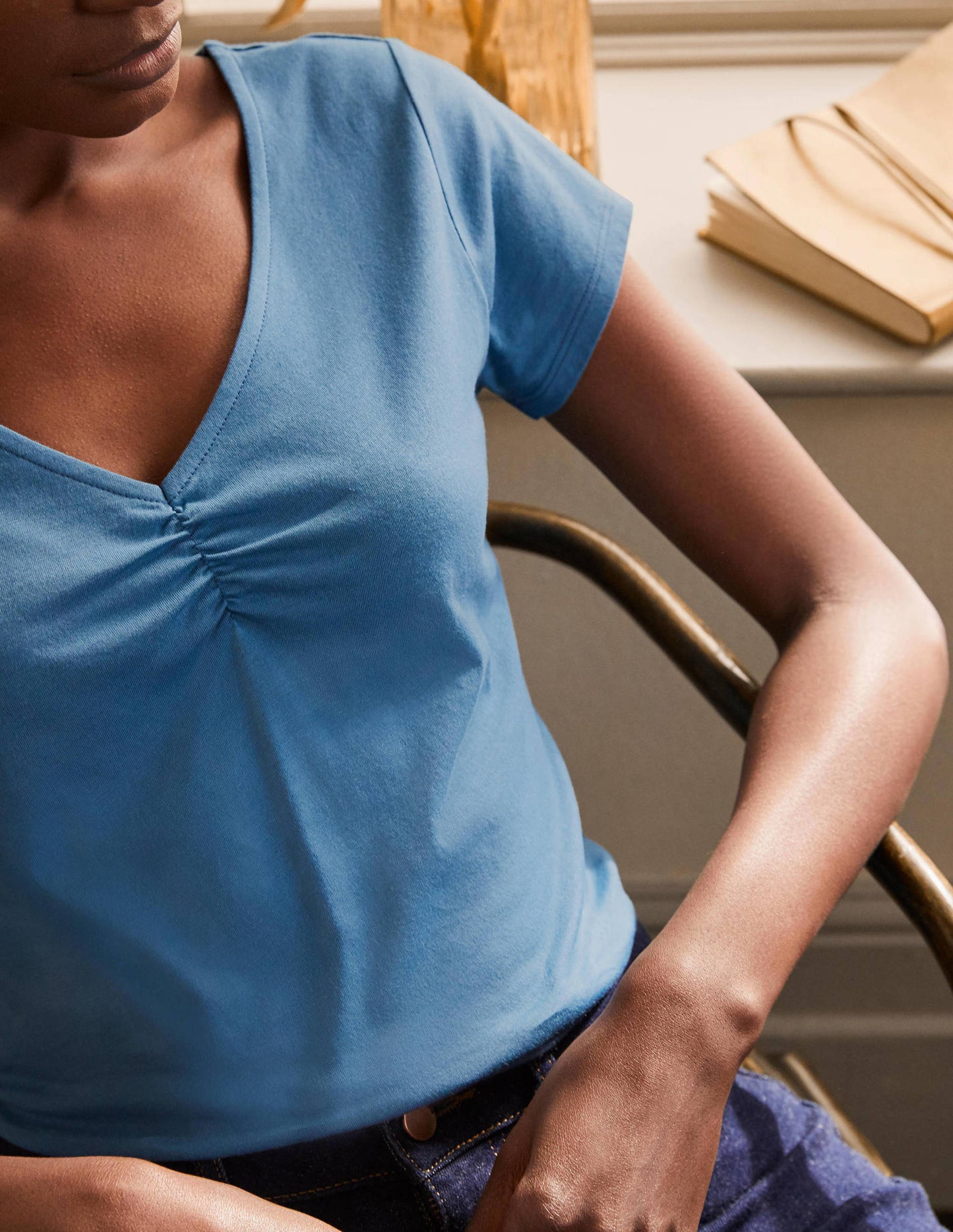 Supersoft Ruched V-neck Tee-Azure