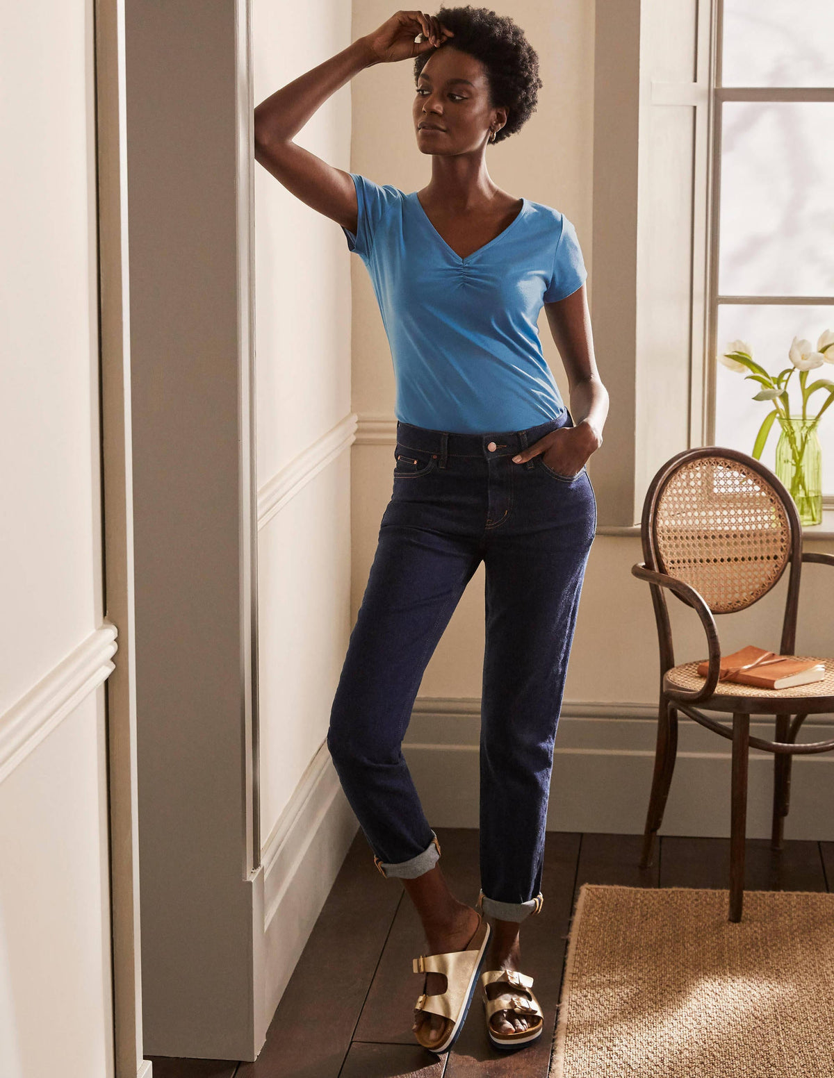 Supersoft Ruched V-neck Tee-Azure - Image 4