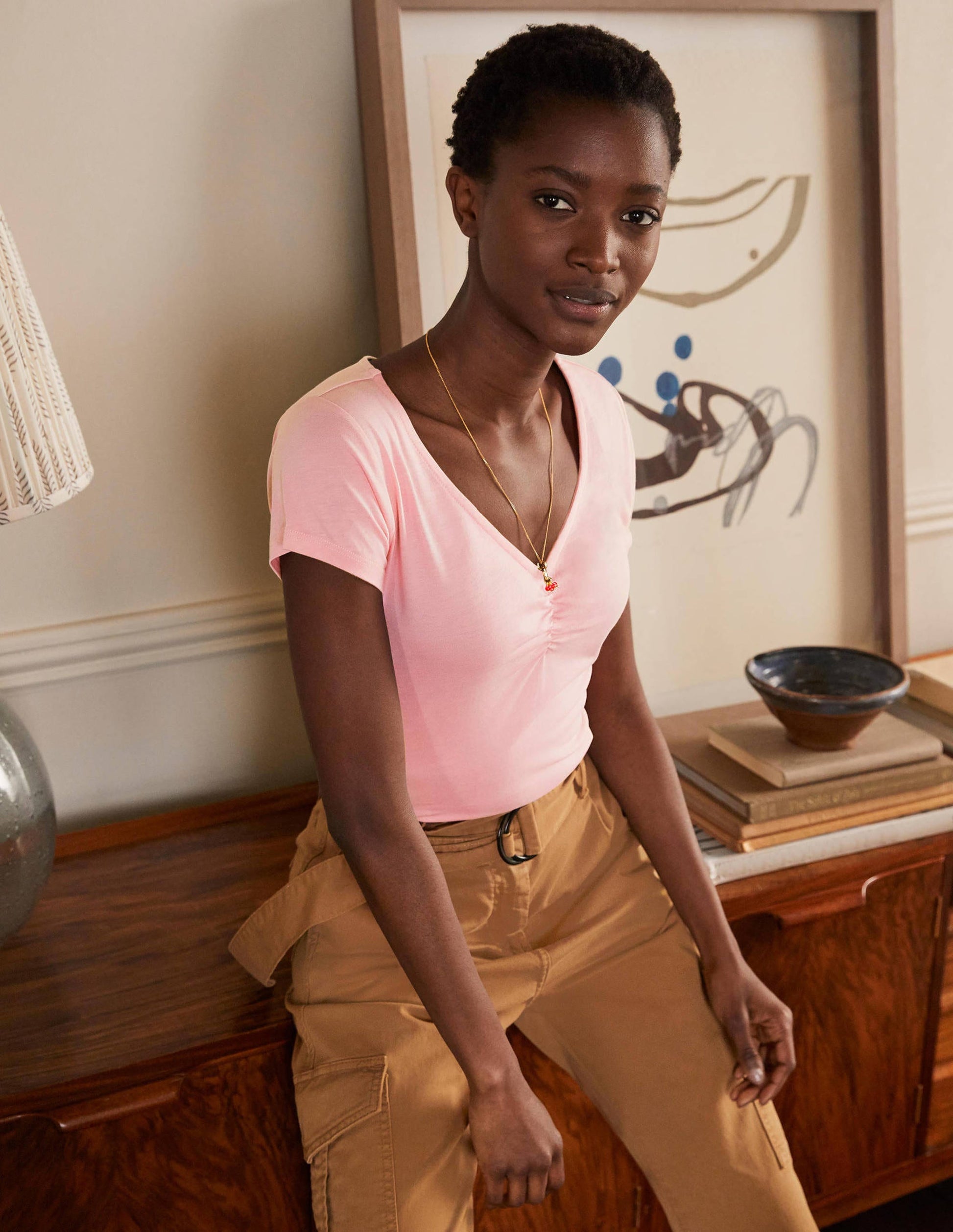 Supersoft Ruched V-neck Tee-Formica Pink-1