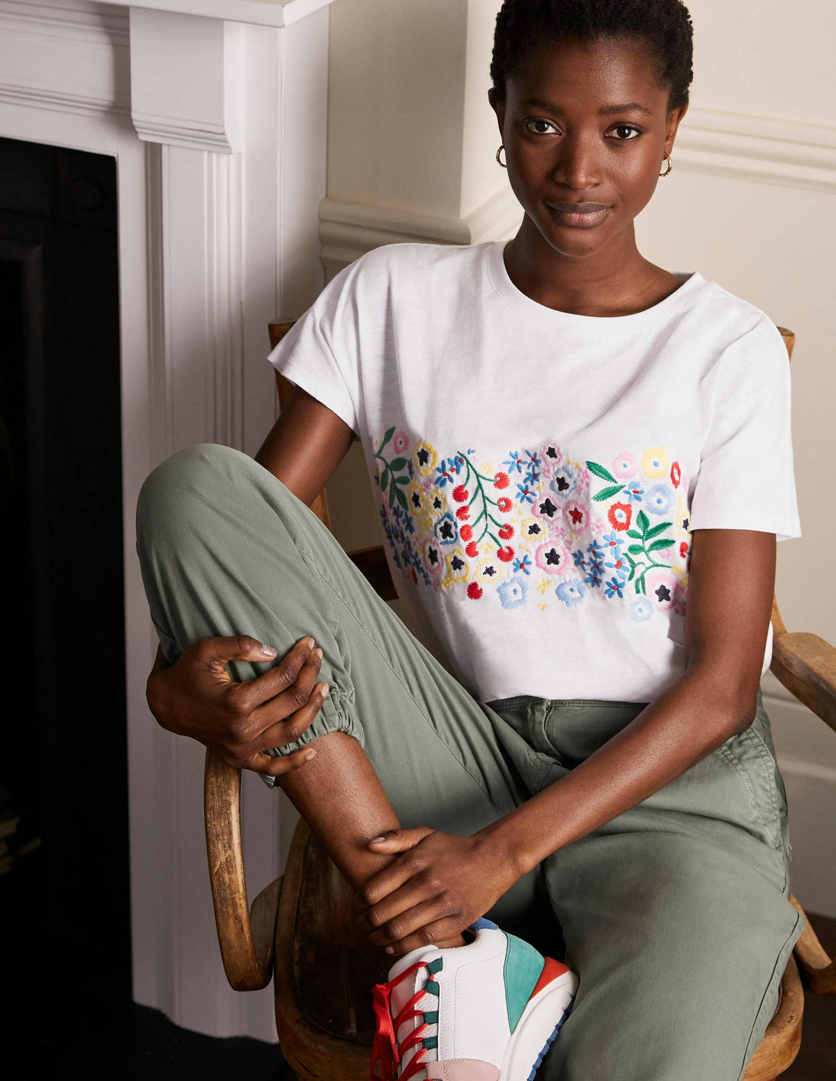 Lena Embroidered Jersey Tee-White, Multi Floral Embroidery - Image 2