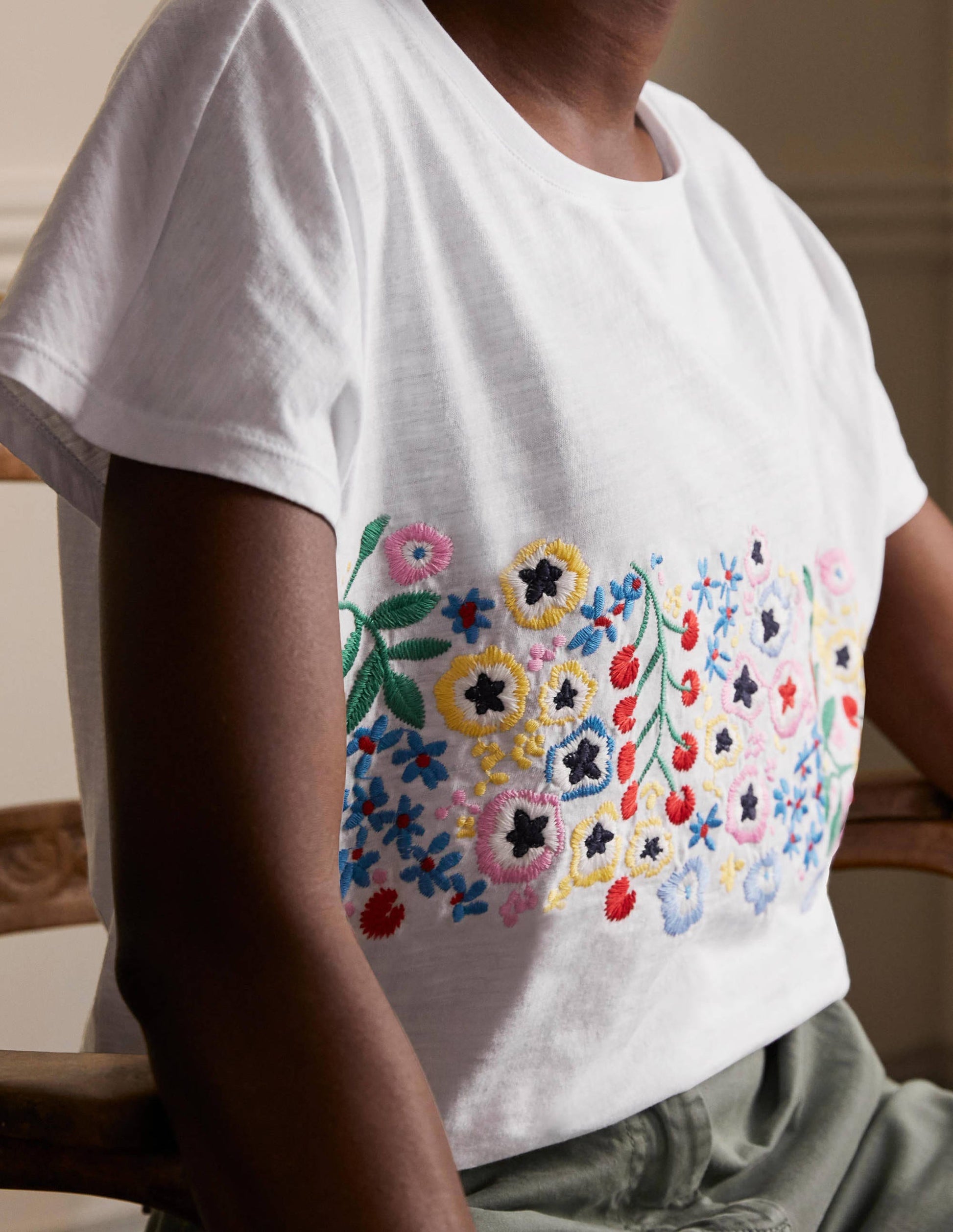 Lena Embroidered Jersey Tee-White, Multi Floral Embroidery-3