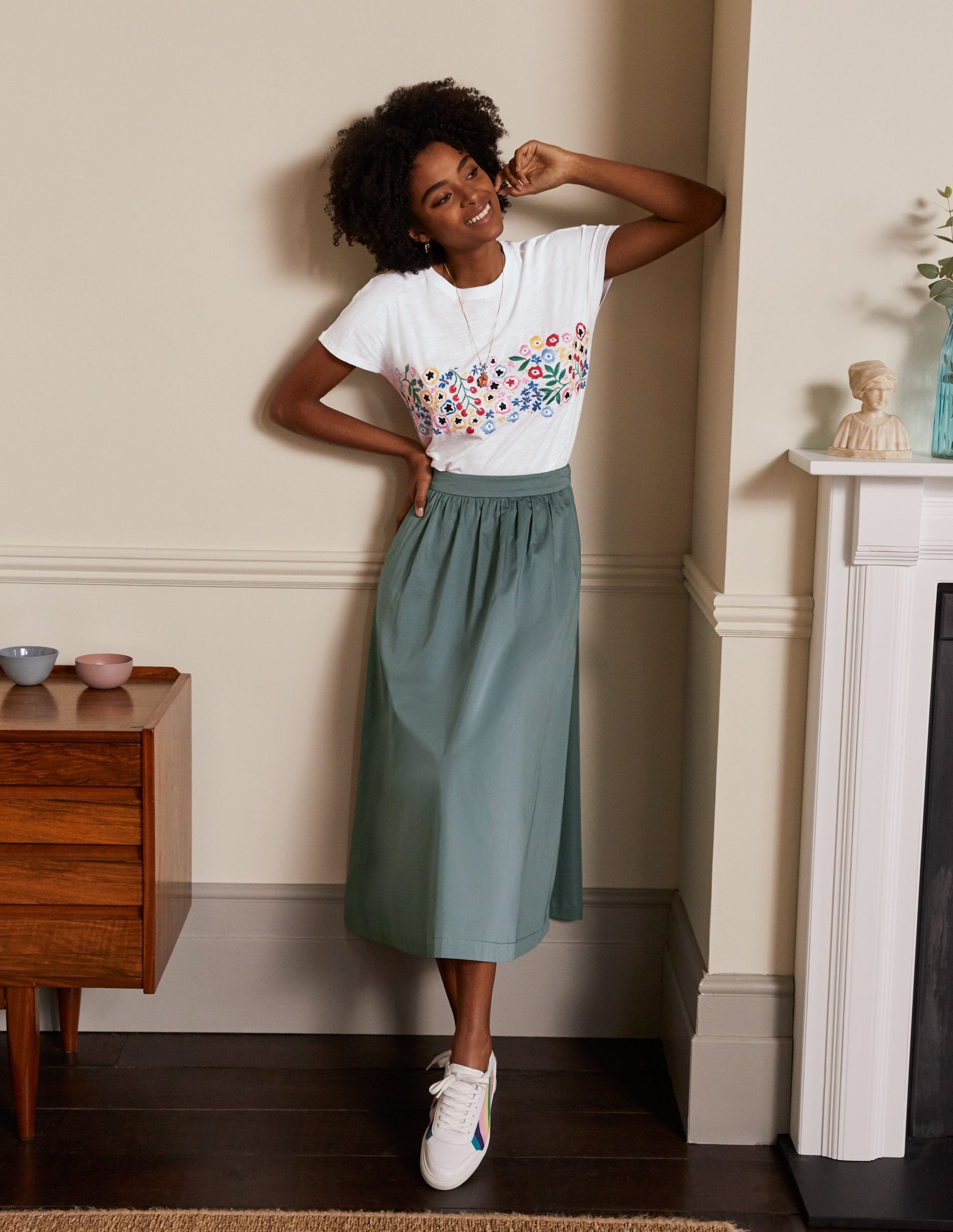 Lena Embroidered Jersey Tee-White, Multi Floral Embroidery-5