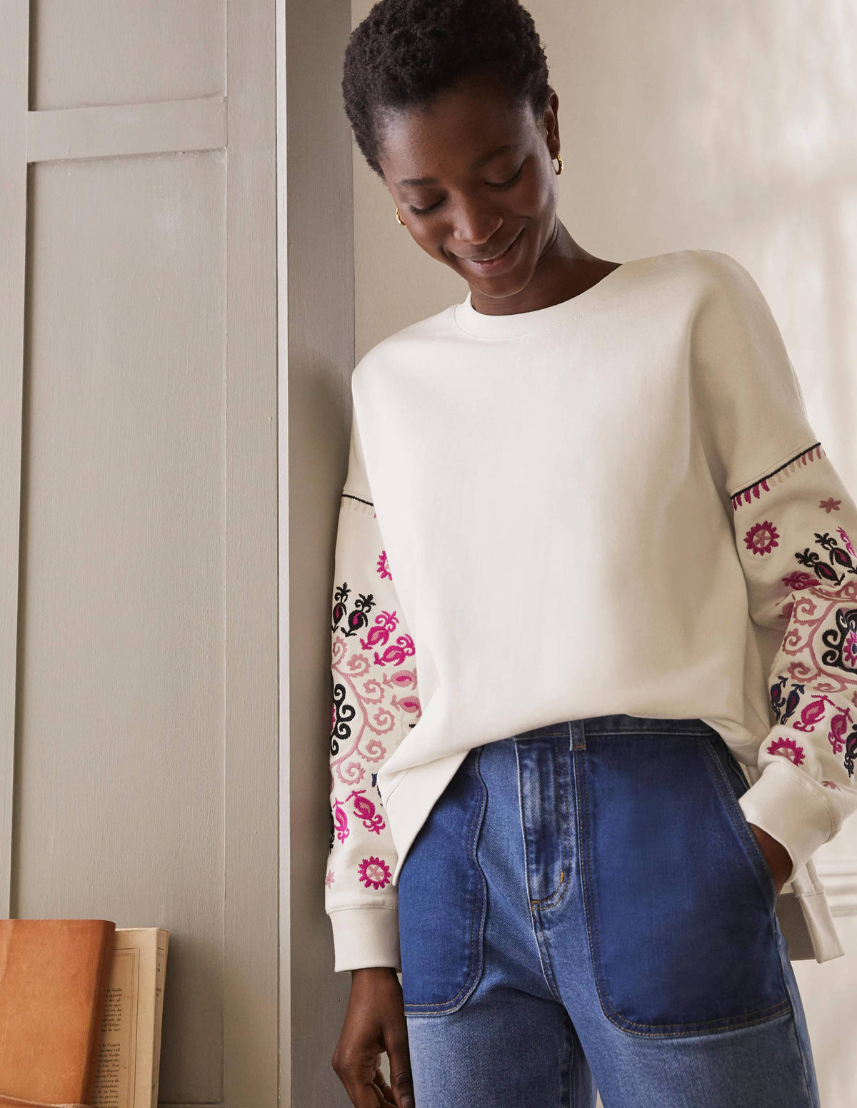 Interest Sweatshirt-Ivory, Multi Embroidery - Image 1