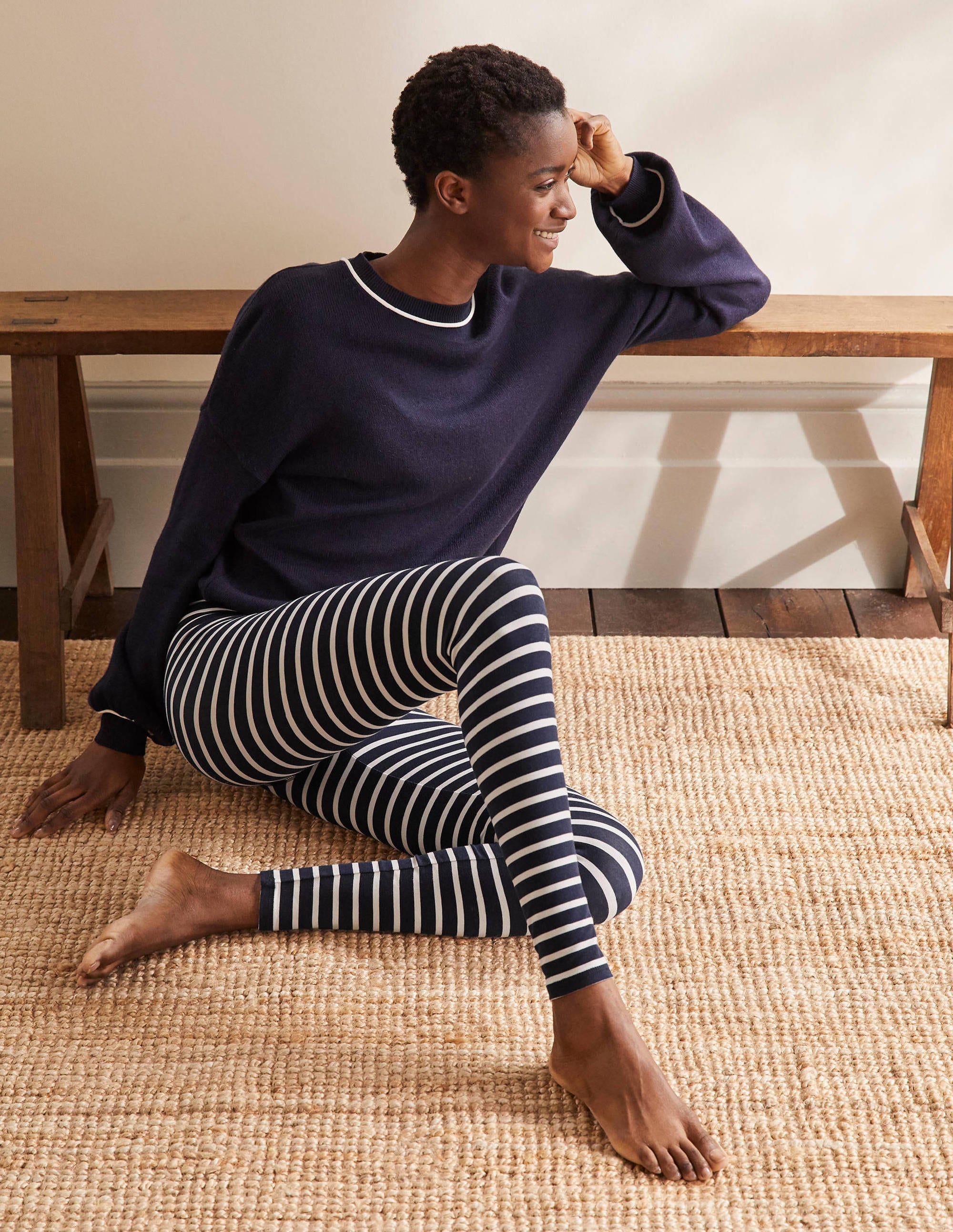 High Rise Jersey Leggings-Navy/Ivory - Image 1