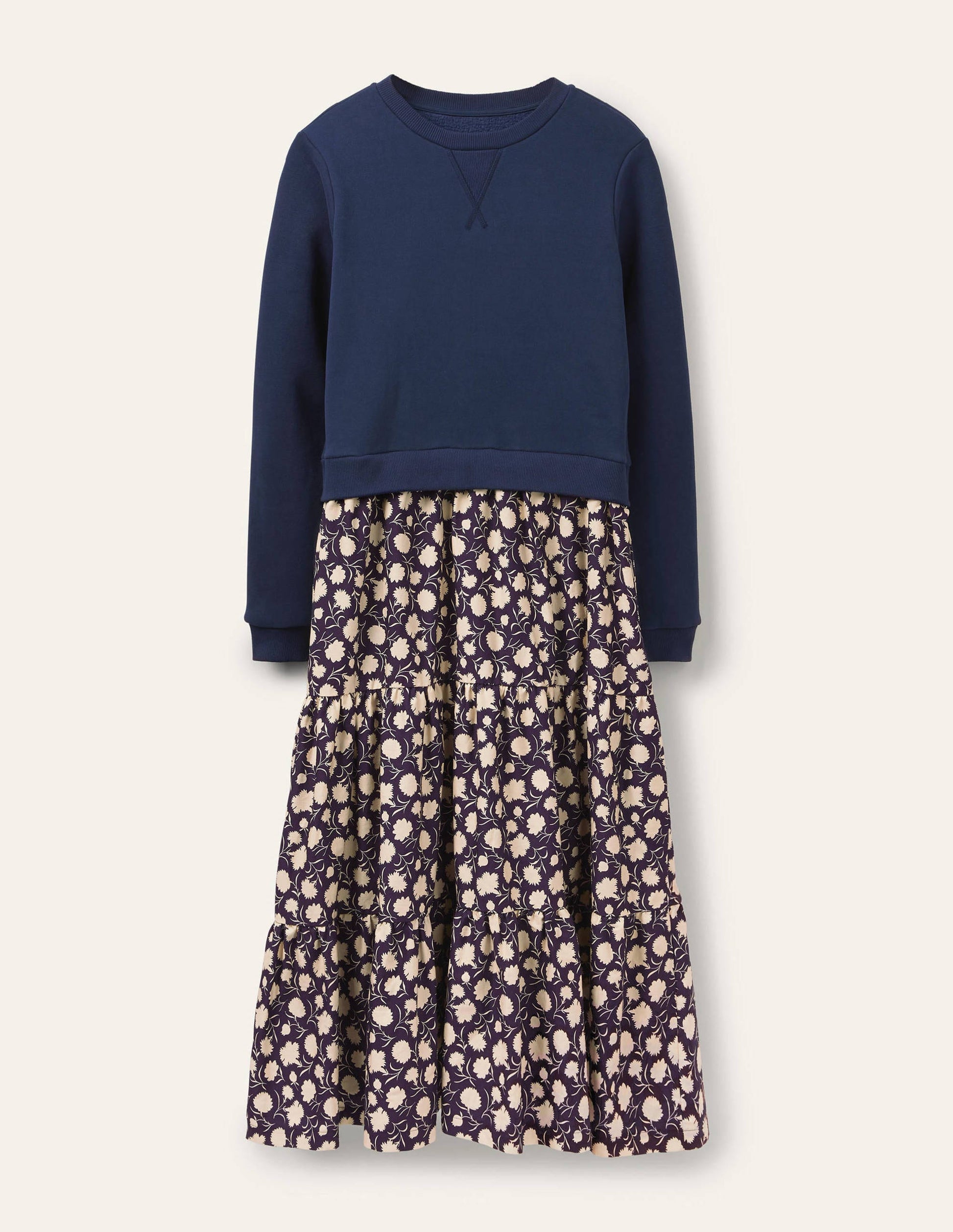 Woven Mix Tiered Dress-French Navy, Leafy Bud-5