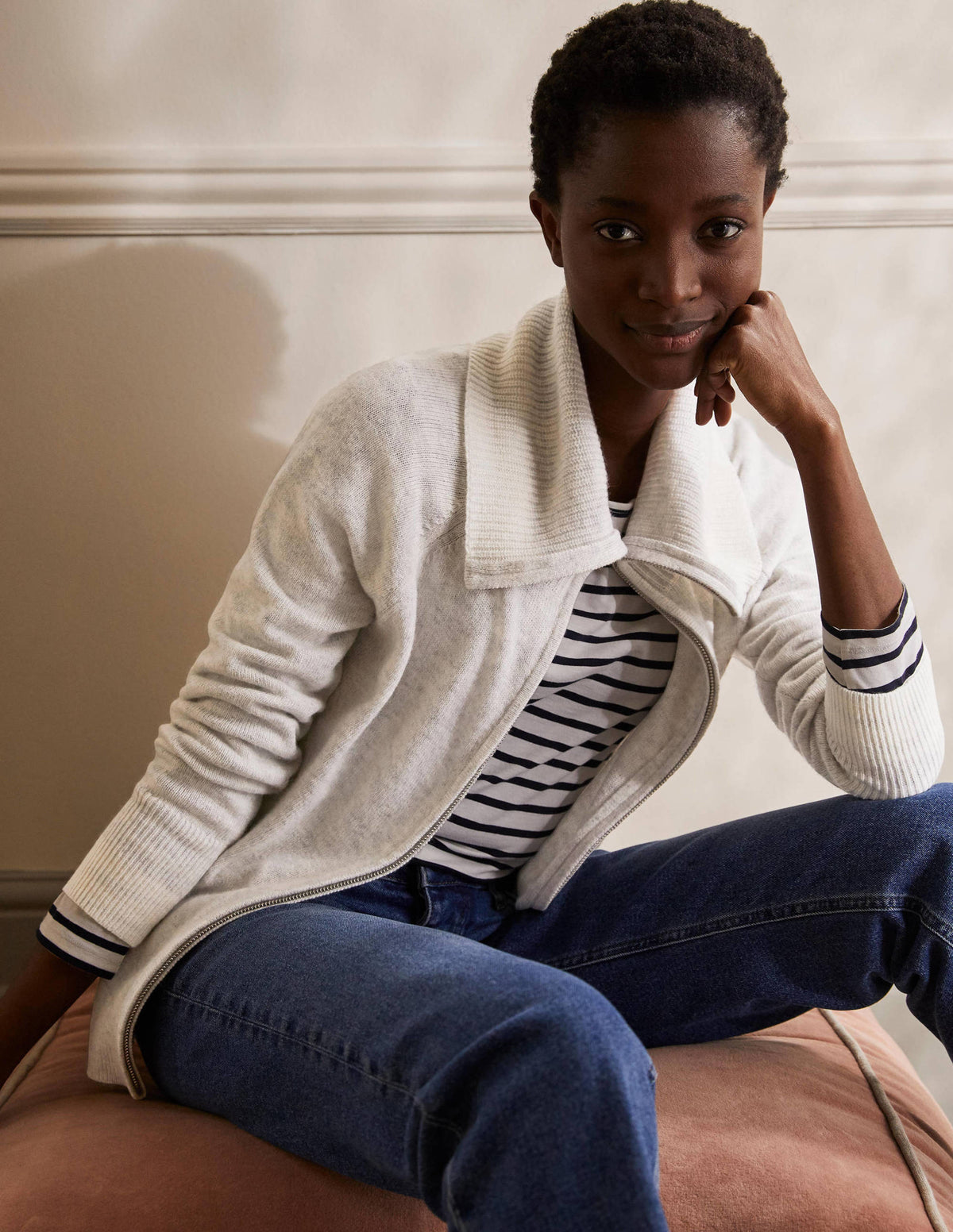 Collared Zip-up Cardigan-Silver Melange-1