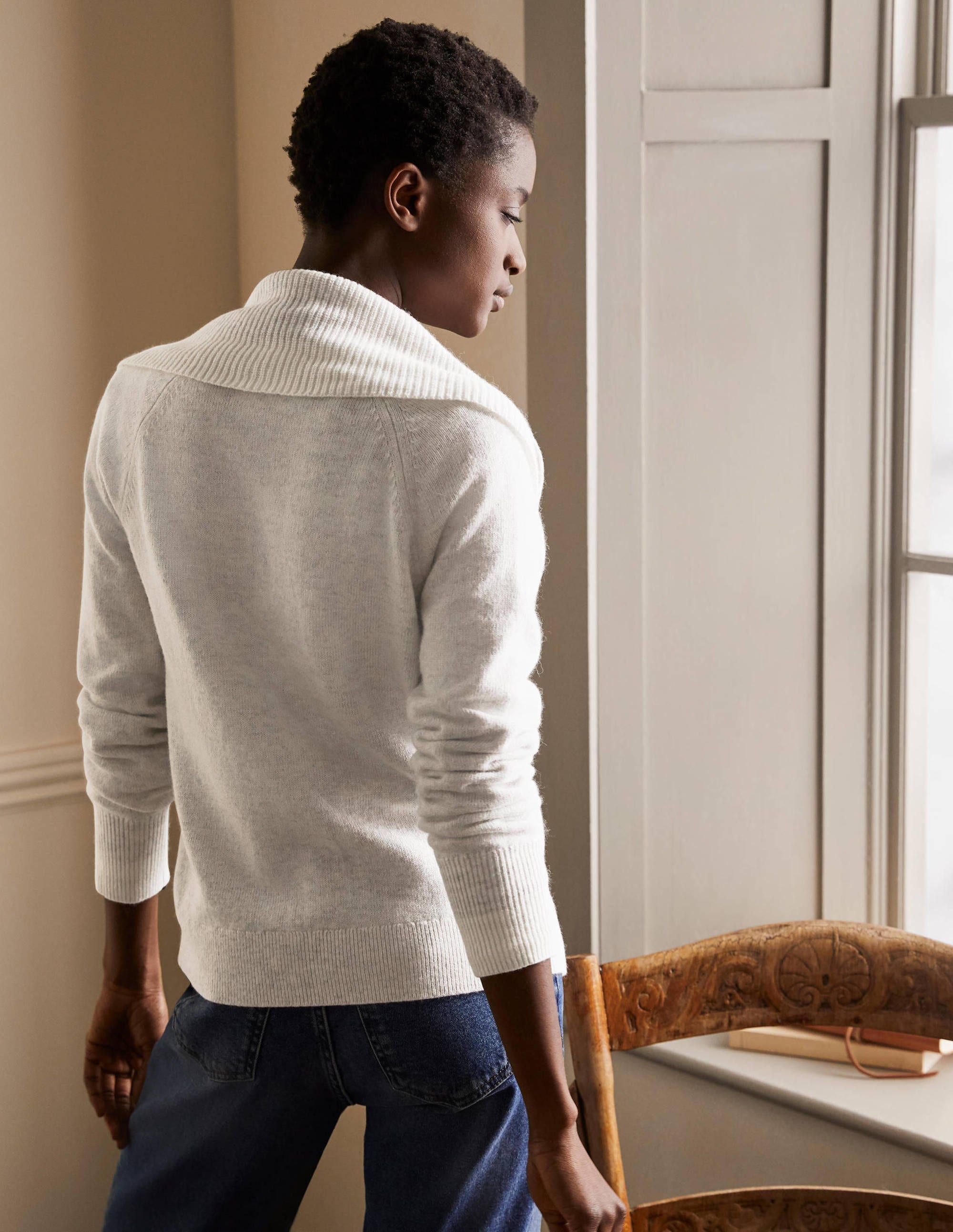 Collared Zip-up Cardigan-Silver Melange - Image 3