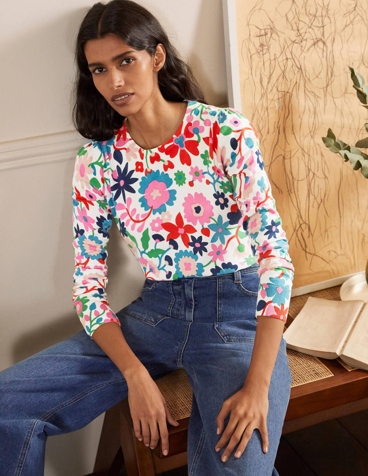 Cotton Crew Neck Sweater-Ivory, Prairie Floral - Image 1