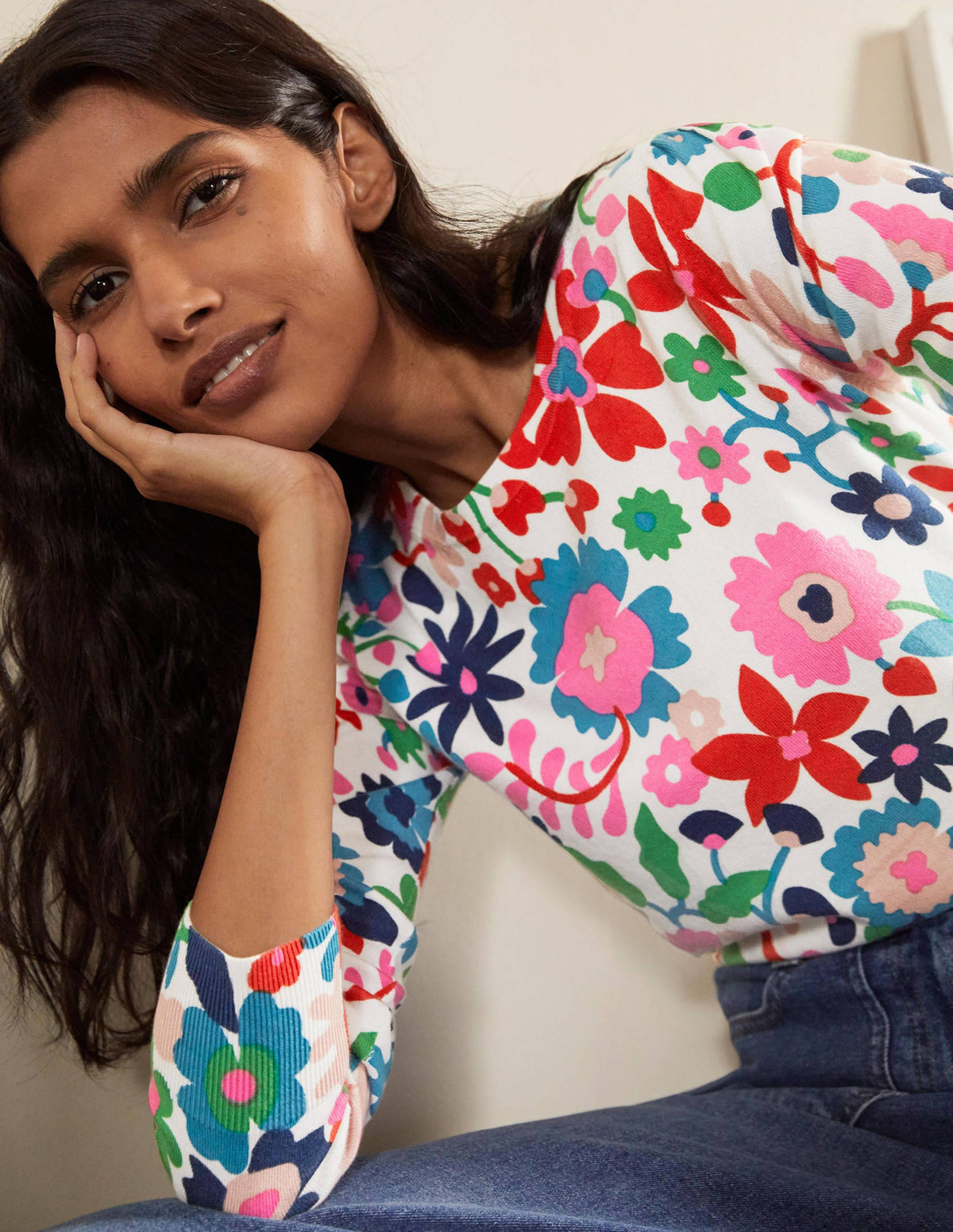 Cotton Crew Neck Sweater-Ivory, Prairie Floral - Image 2