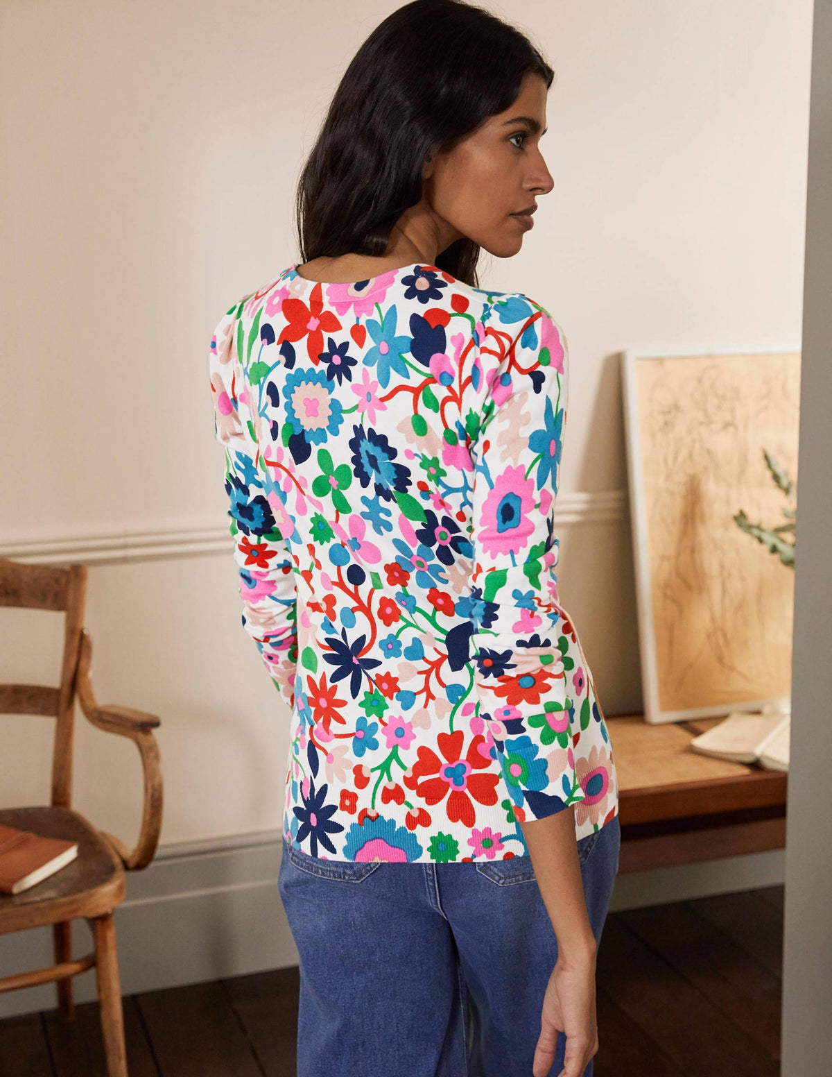 Cotton Crew Neck Sweater-Ivory, Prairie Floral - Image 3