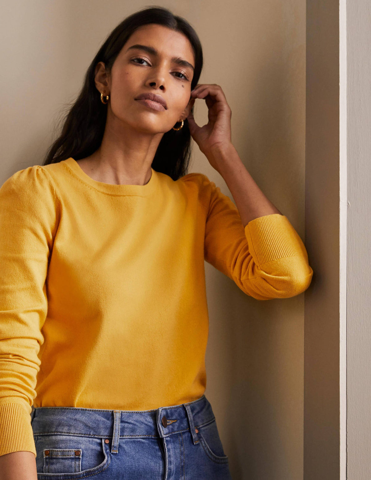 Cotton Crew Neck Sweater-Honey Gold - Image 1