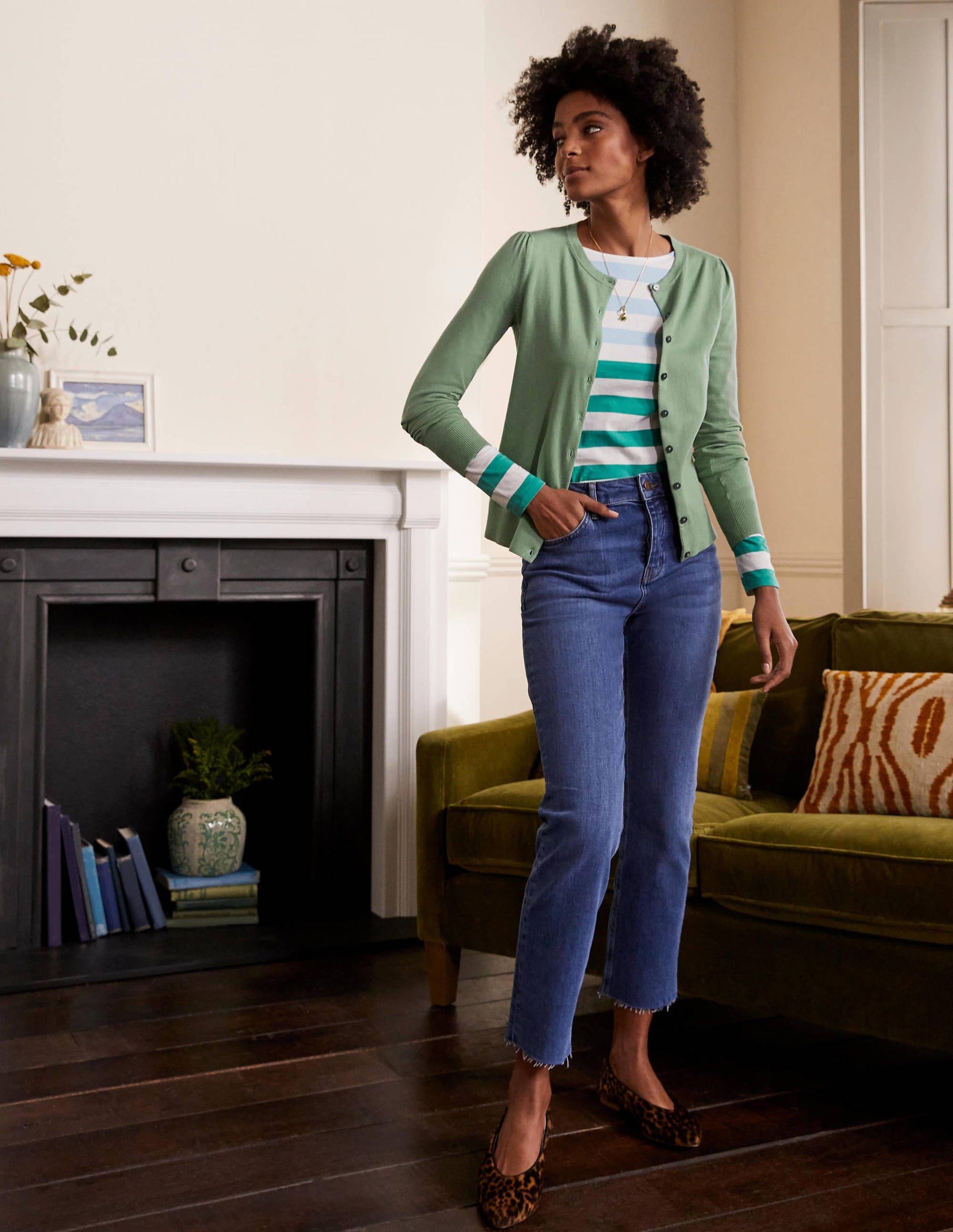 Cotton Crew Neck Cardigan-Duck Egg-4