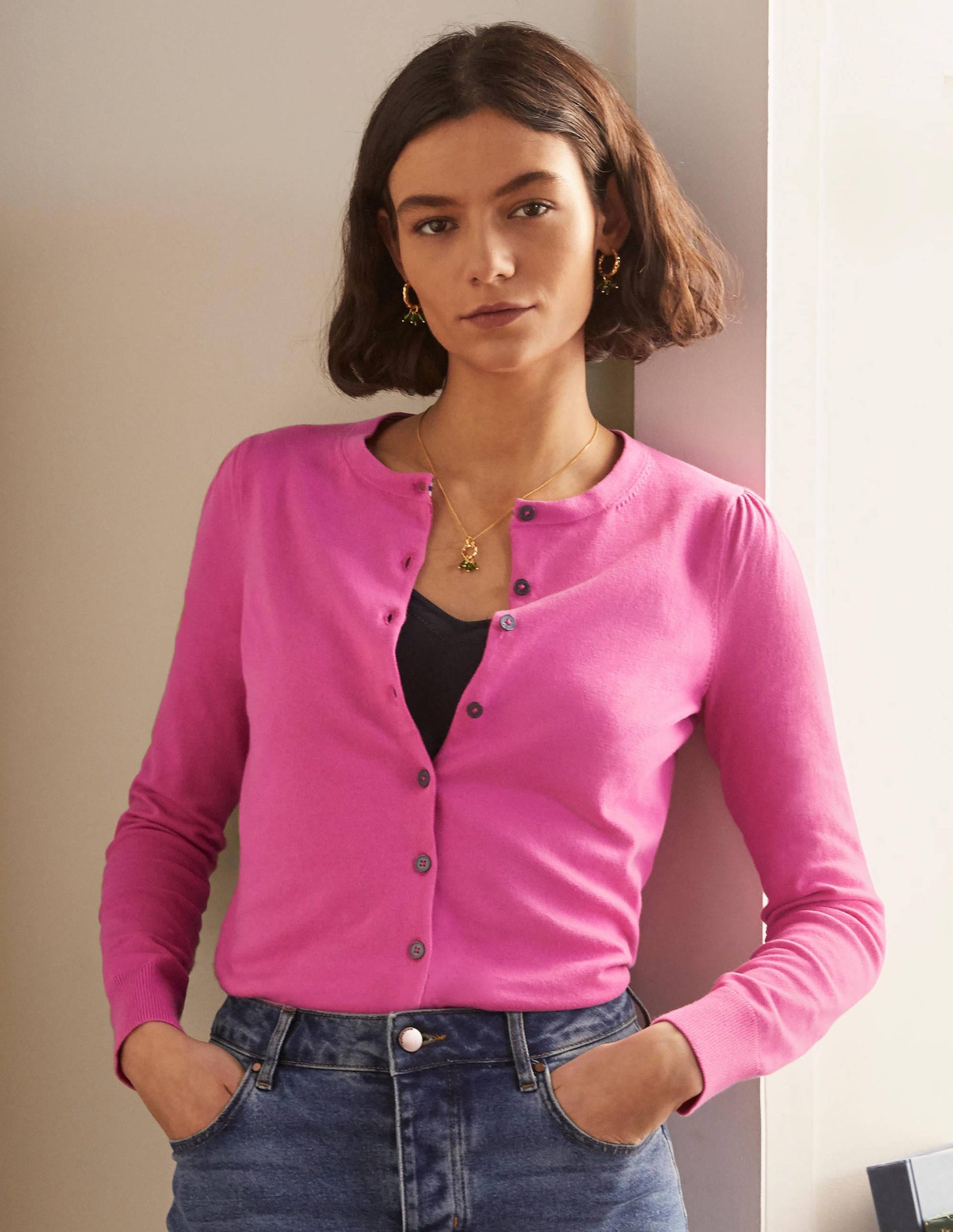 Cotton Crew Neck Cardigan-Candy Pink-1