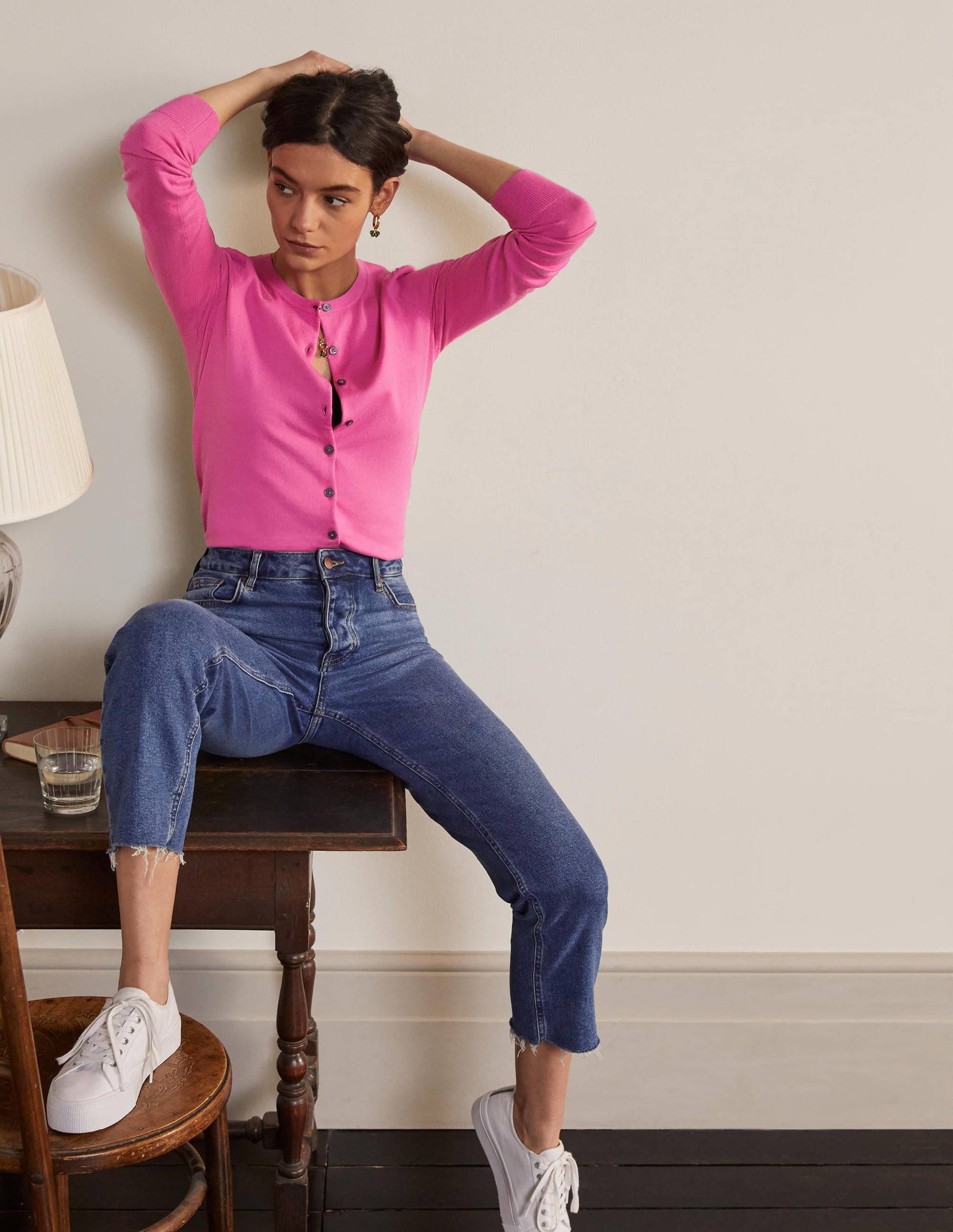 Cotton Crew Neck Cardigan-Candy Pink-2