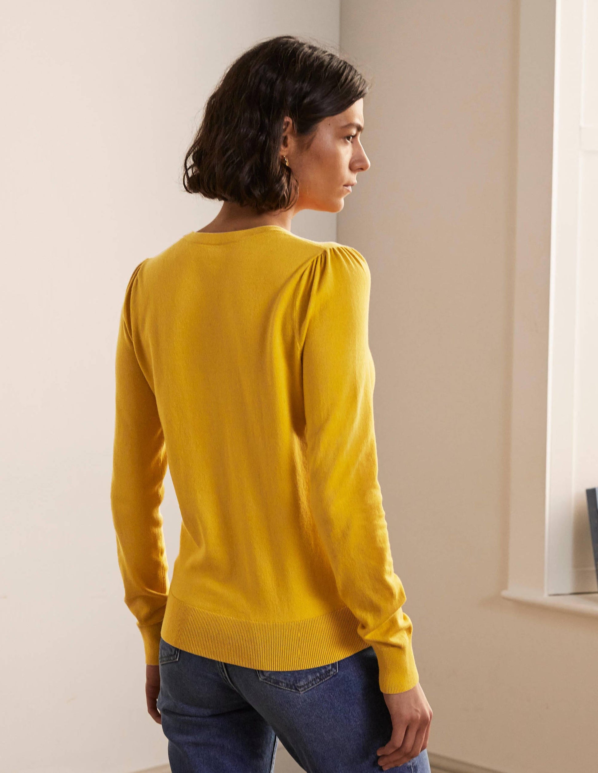 Cotton Crew Neck Cardigan-Honey Gold-3