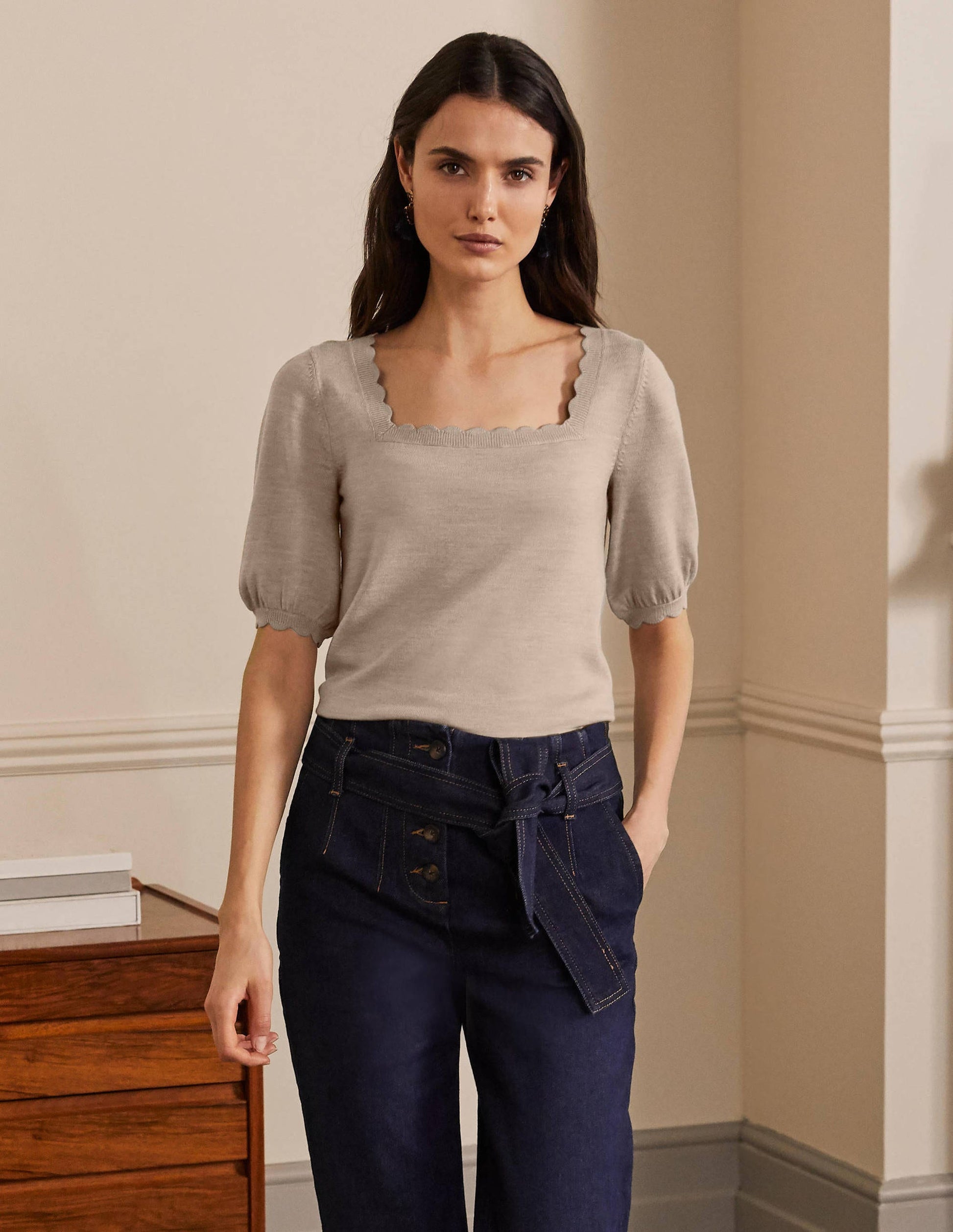 Merino Scallop Knitted Top-Mink Melange-1