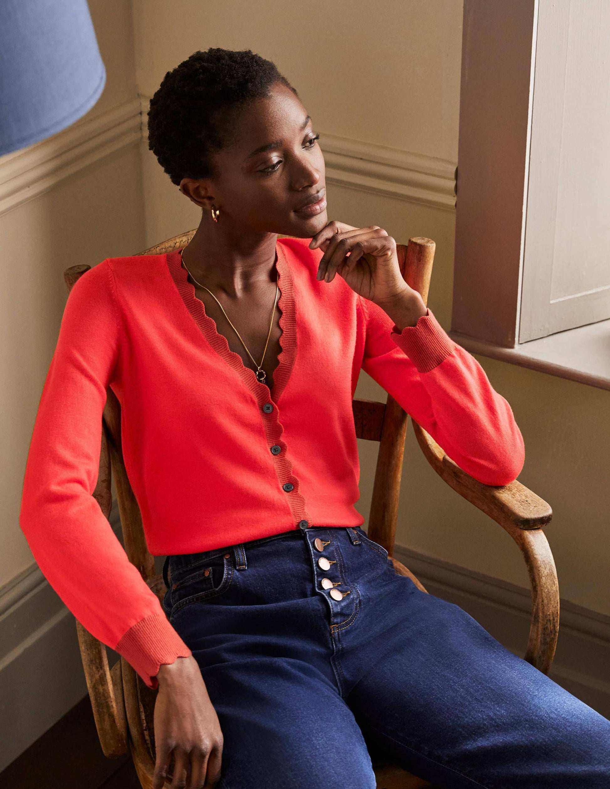 Merino Scallop Trim Cardigan-Cherry Red-1