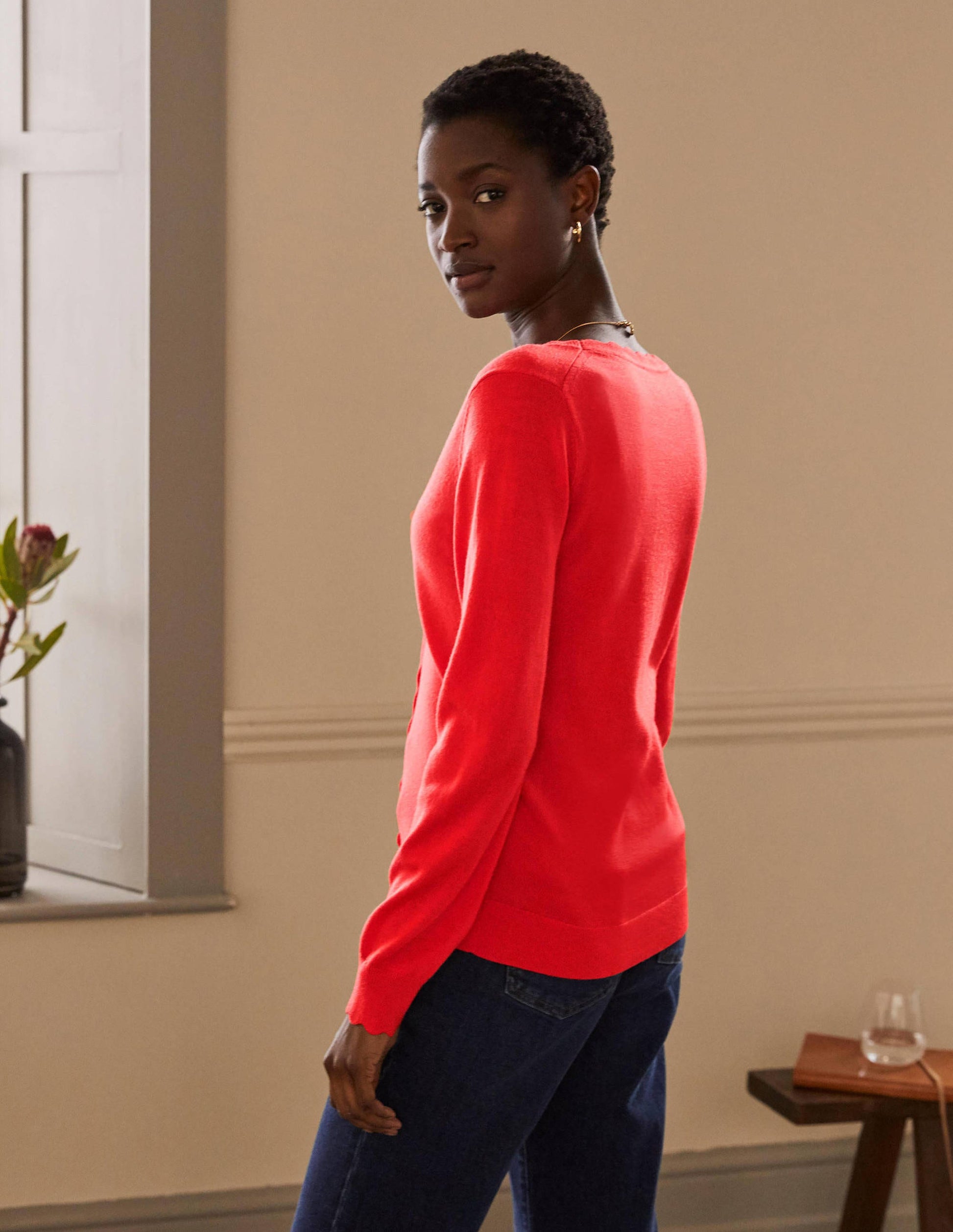 Merino Scallop Trim Cardigan-Cherry Red-3