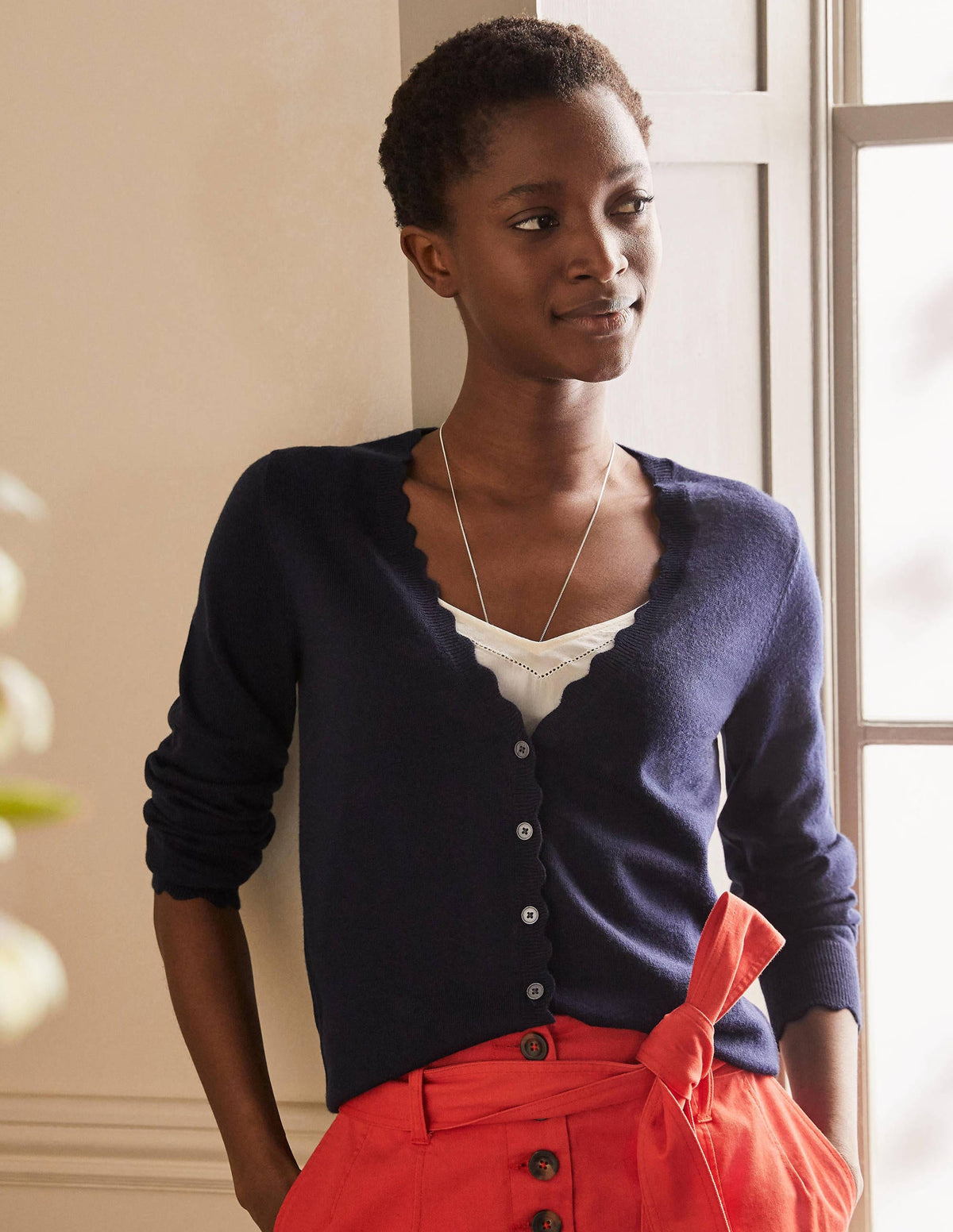 Merino Scallop Trim Cardigan-Navy-1