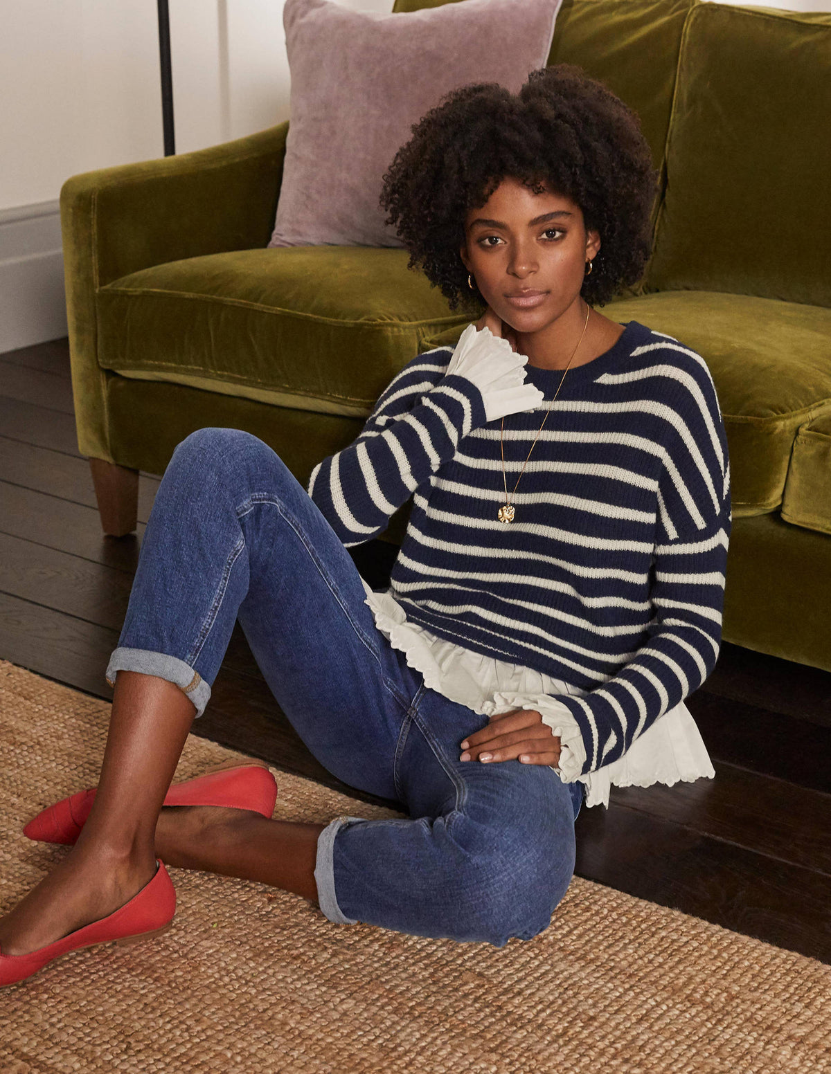 Catherine Woven Fluffy Sweater-Navy/Ivory Stripe - Image 1