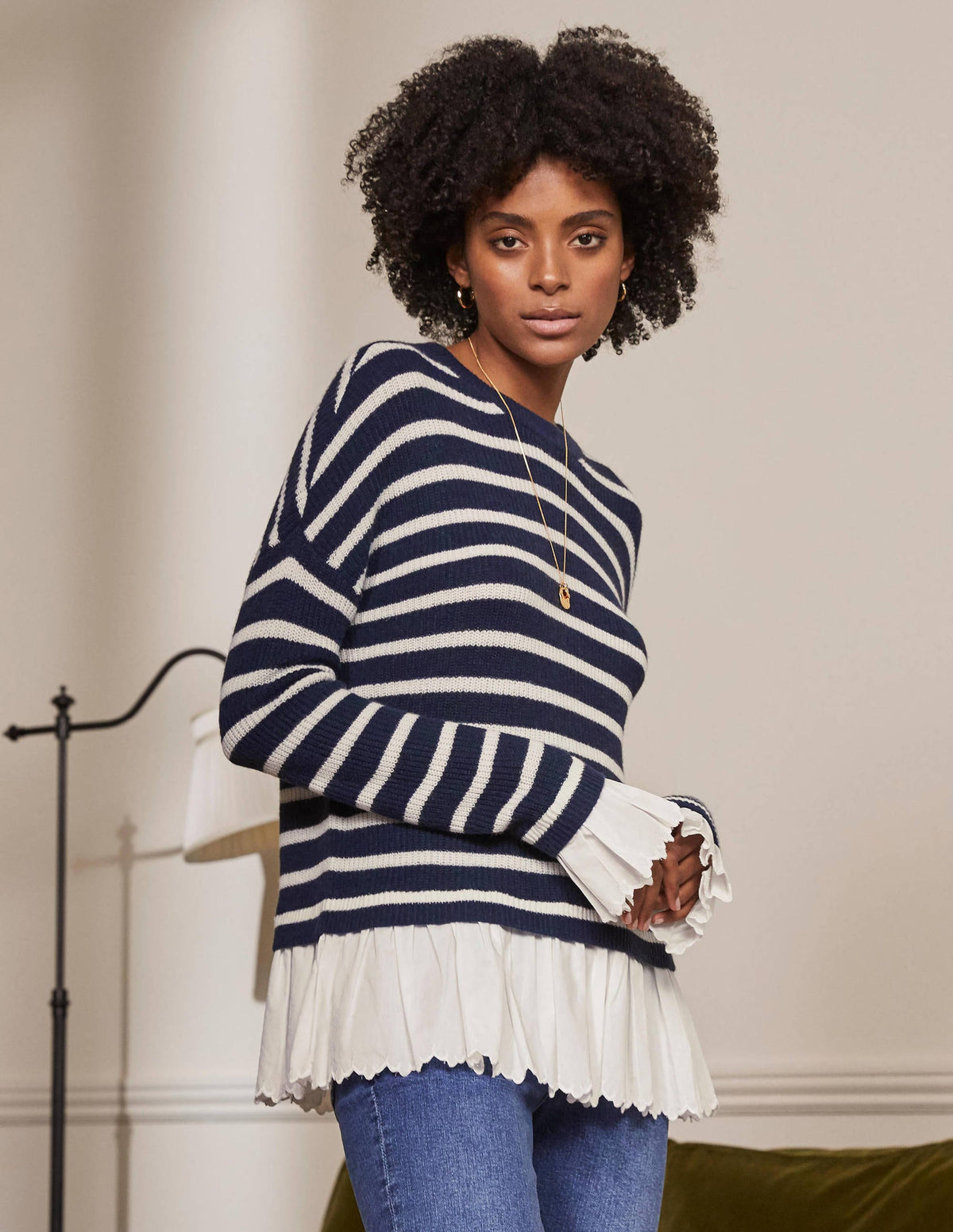 Catherine Woven Fluffy Sweater-Navy/Ivory Stripe - Image 4